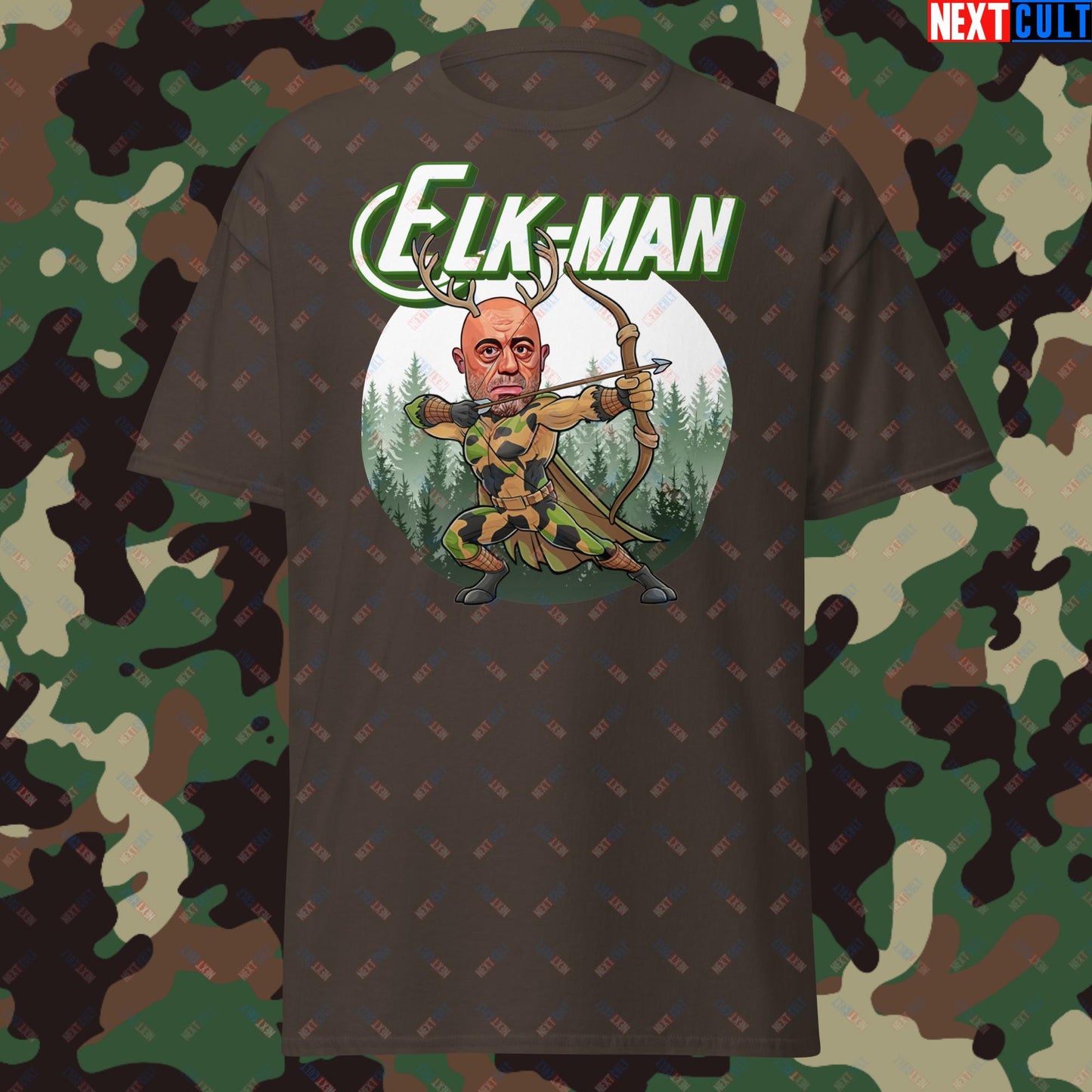 Elk-Man Joe Rogan Funny Hunting JRE Podcast Unisex tee Dark Chocolate T-shirts Joe Rogan Podcasts Stand-up Comedy Next Cult Brand