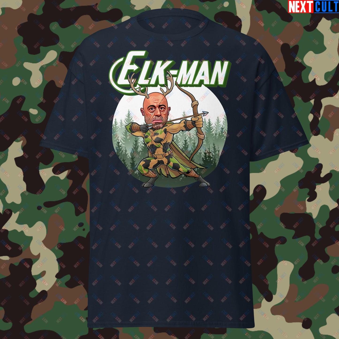 Elk-Man Joe Rogan Funny Hunting JRE Podcast Unisex tee Navy T-shirts Joe Rogan Podcasts Stand-up Comedy Next Cult Brand