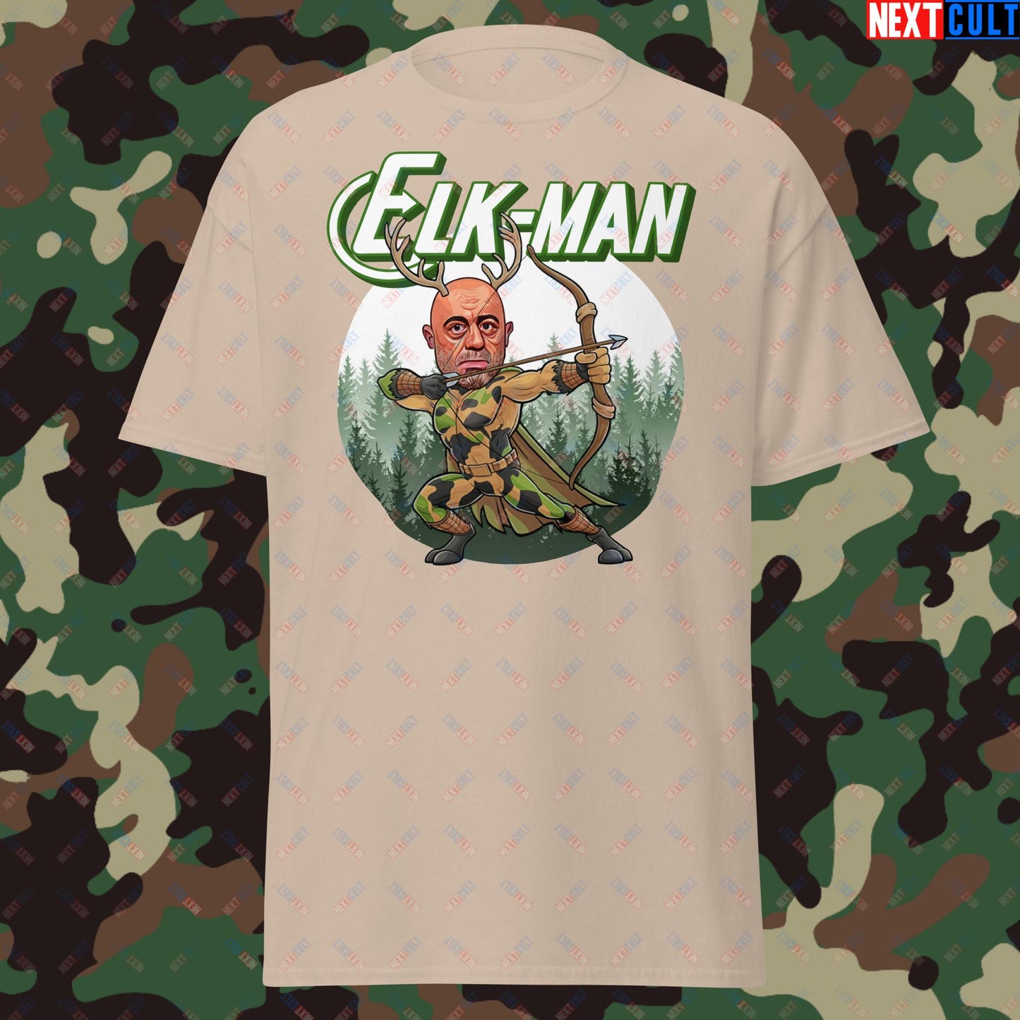 Elk-Man Joe Rogan Funny Hunting JRE Podcast Unisex tee Sand T-shirts Joe Rogan Podcasts Stand-up Comedy Next Cult Brand