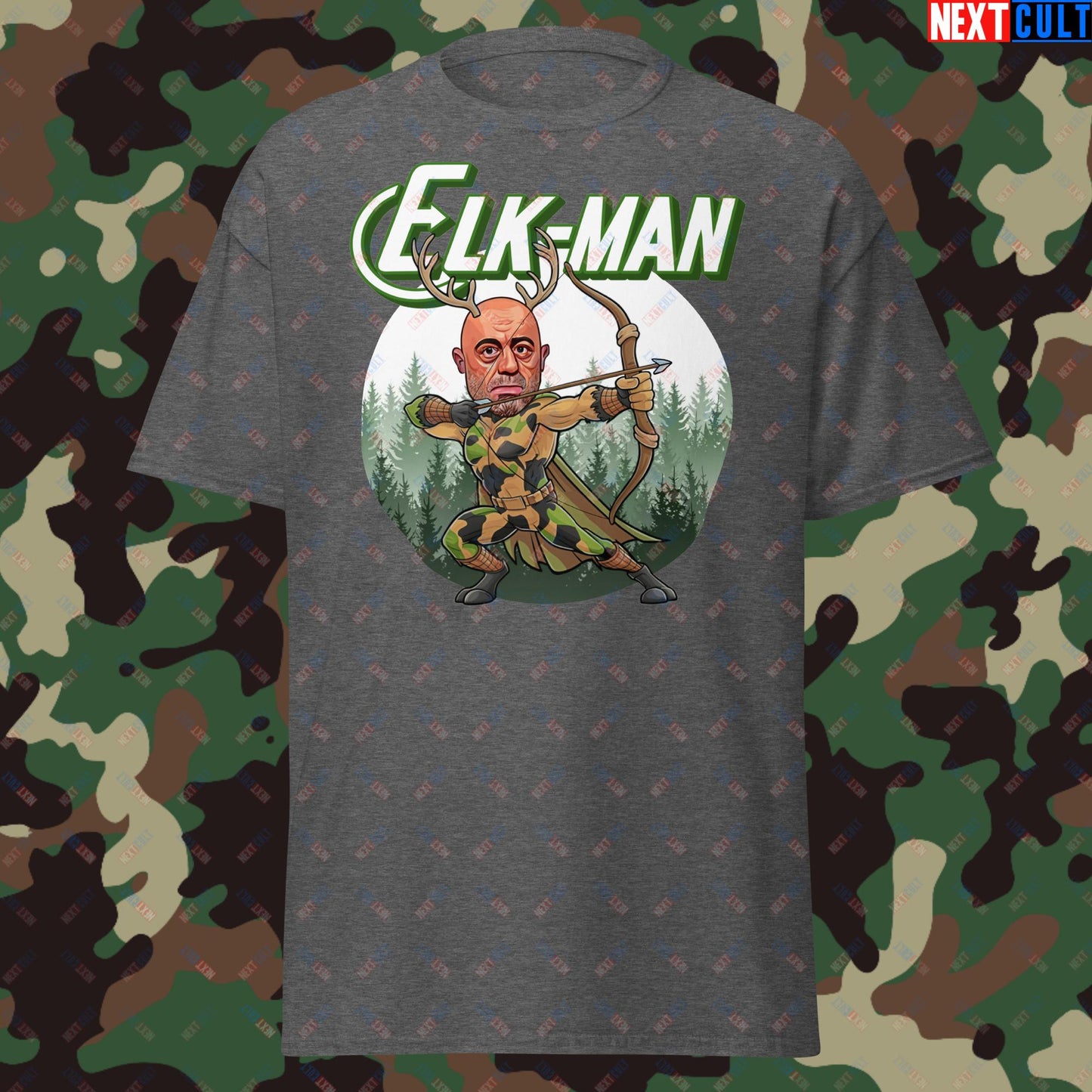 Elk-Man Joe Rogan Funny Hunting JRE Podcast Unisex tee Dark Heather T-shirts Joe Rogan Podcasts Stand-up Comedy Next Cult Brand