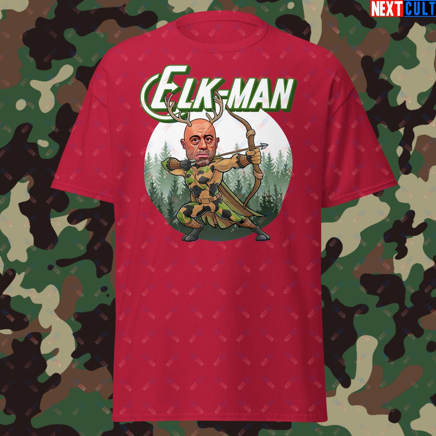 Elk-Man Joe Rogan Funny Hunting JRE Podcast Unisex tee Cardinal T-shirts Joe Rogan Podcasts Stand-up Comedy Next Cult Brand