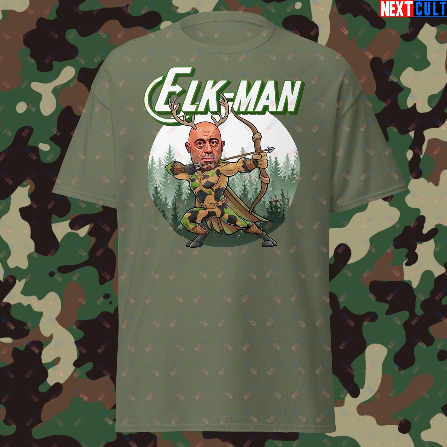 Elk-Man Joe Rogan Funny Hunting JRE Podcast Unisex tee Military Green T-shirts Joe Rogan Podcasts Stand-up Comedy Next Cult Brand
