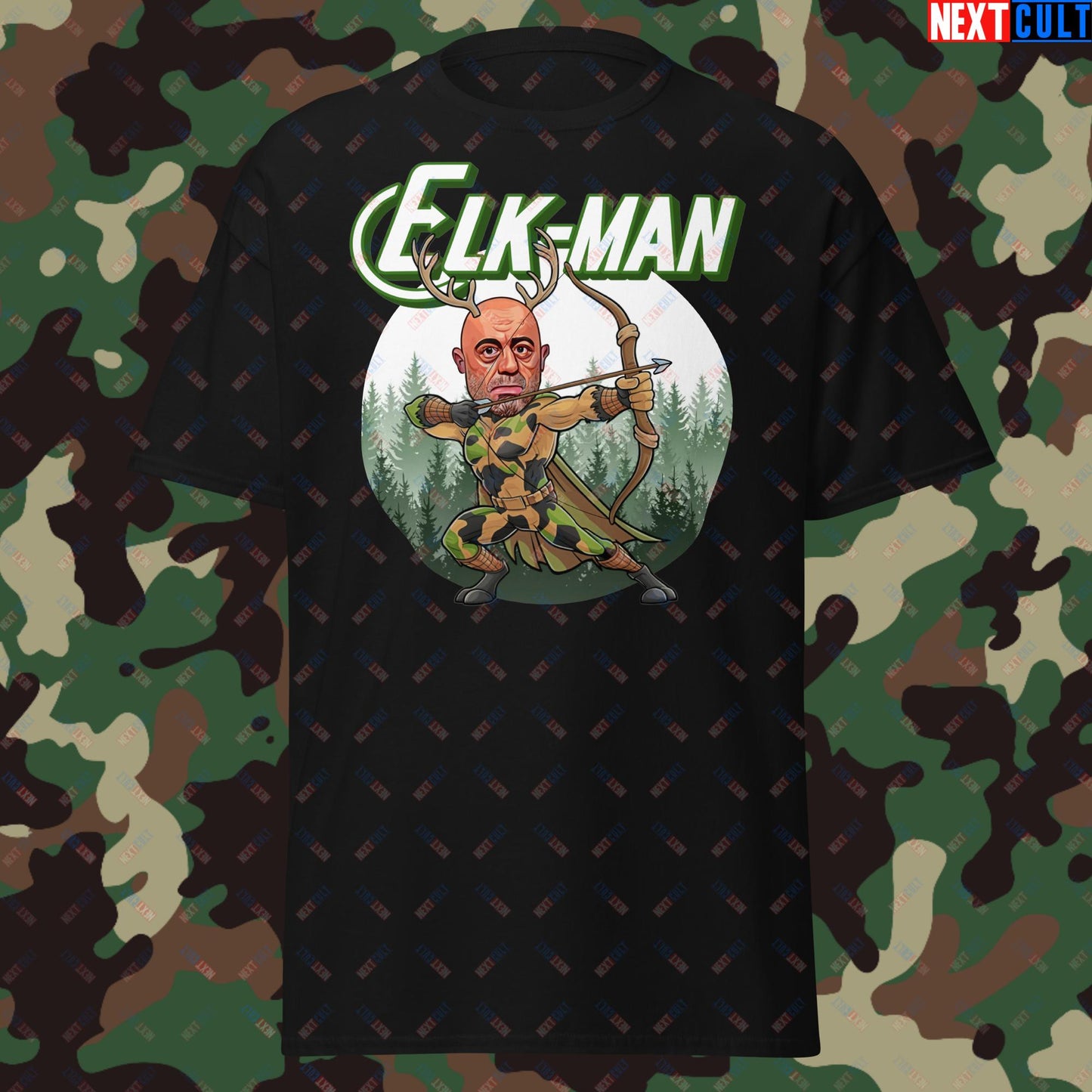 Elk-Man Joe Rogan Funny Hunting JRE Podcast Unisex tee Black T-shirts Joe Rogan Podcasts Stand-up Comedy Next Cult Brand