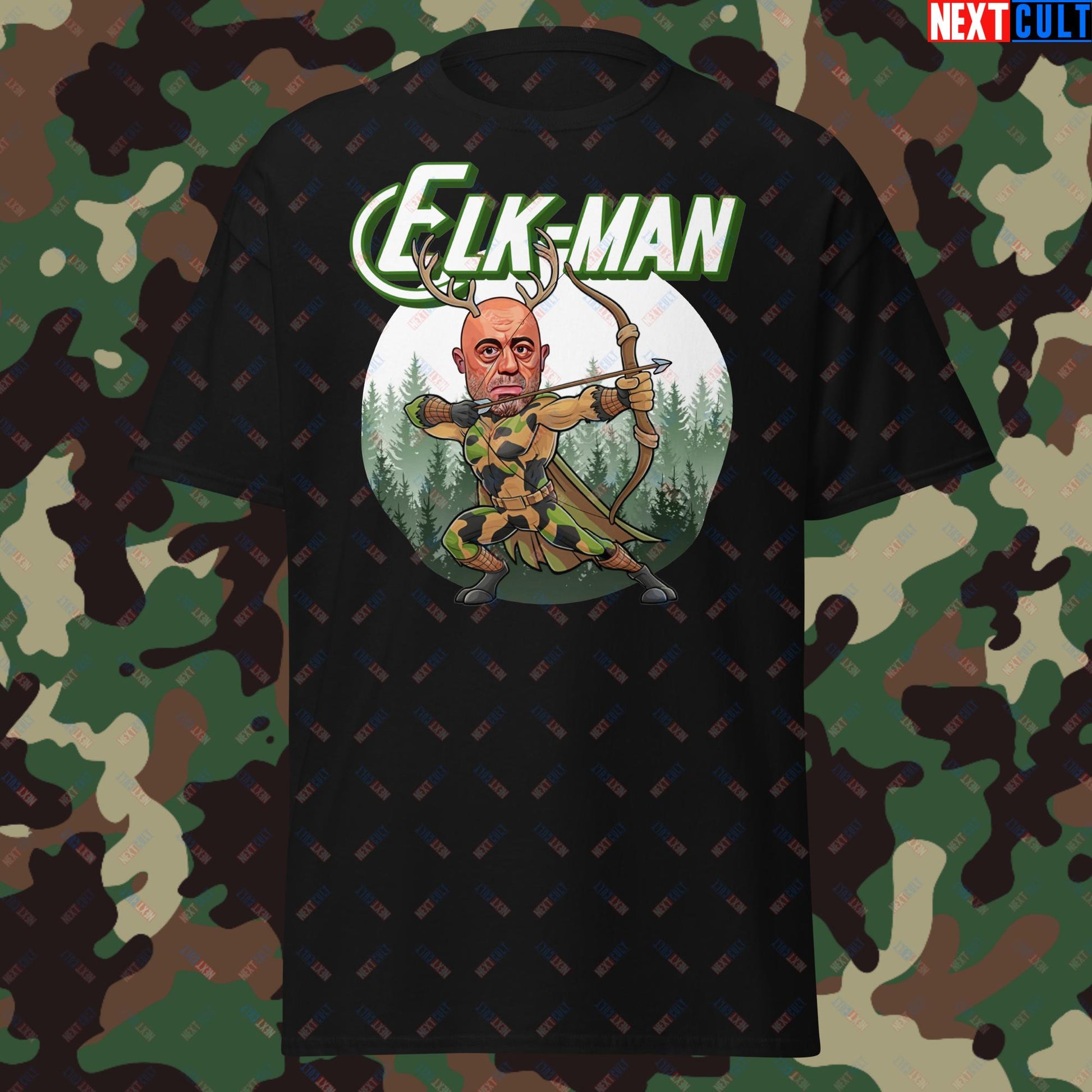 Elk-Man Joe Rogan Funny Hunting JRE Podcast Unisex tee Black T-shirts Joe Rogan Podcasts Stand-up Comedy Next Cult Brand