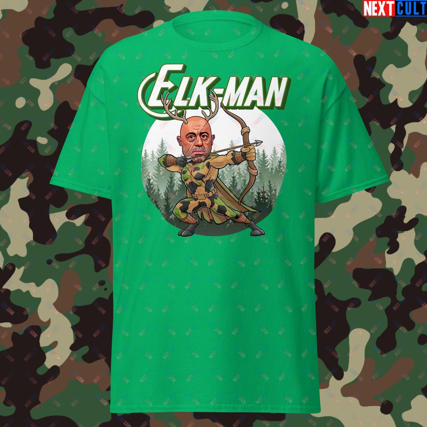 Elk-Man Joe Rogan Funny Hunting JRE Podcast Unisex tee Irish Green T-shirts Joe Rogan Podcasts Stand-up Comedy Next Cult Brand