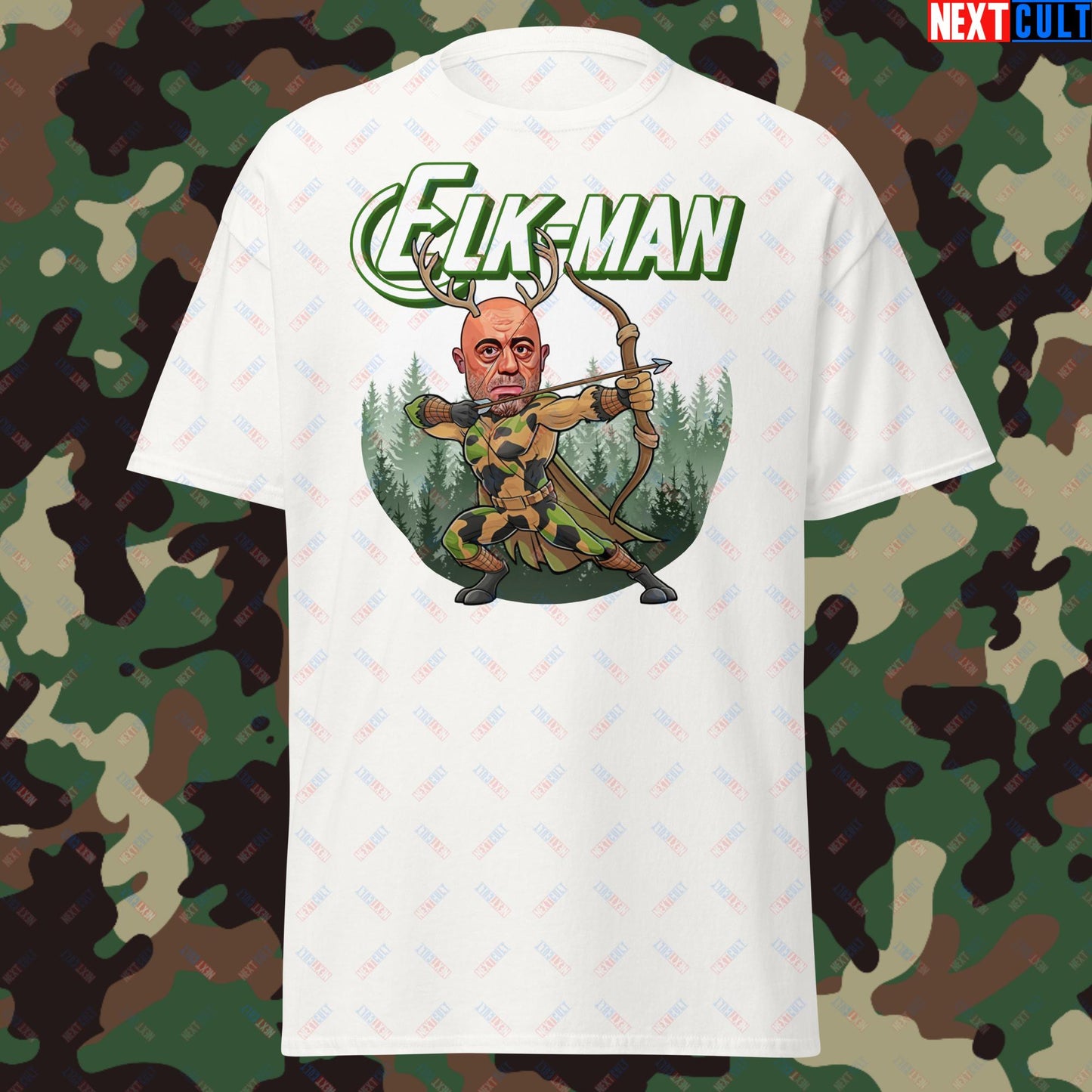 Elk-Man Joe Rogan Funny Hunting JRE Podcast Unisex tee White T-shirts Joe Rogan Podcasts Stand-up Comedy Next Cult Brand