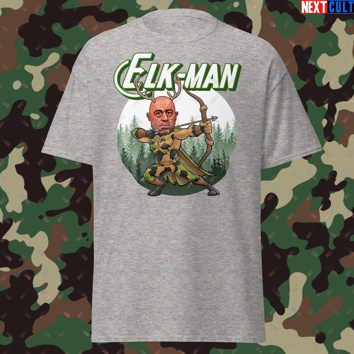 Elk-Man Joe Rogan Funny Hunting JRE Podcast Unisex tee Sport Grey T-shirts Joe Rogan Podcasts Stand-up Comedy Next Cult Brand