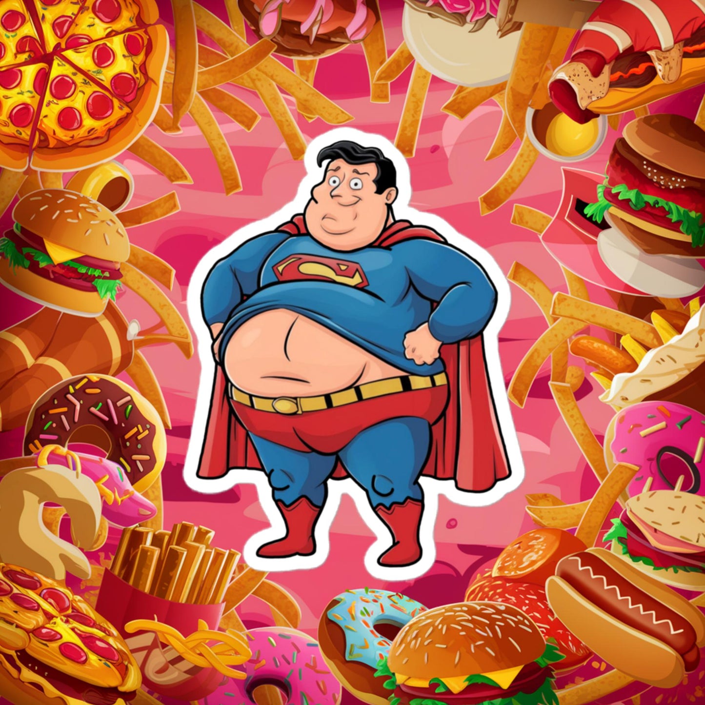 Fat Superhero Funny Inaction Hero Bubble-free stickers 4″×4″ Stickers Movies Superheroes Superman Next Cult Brand