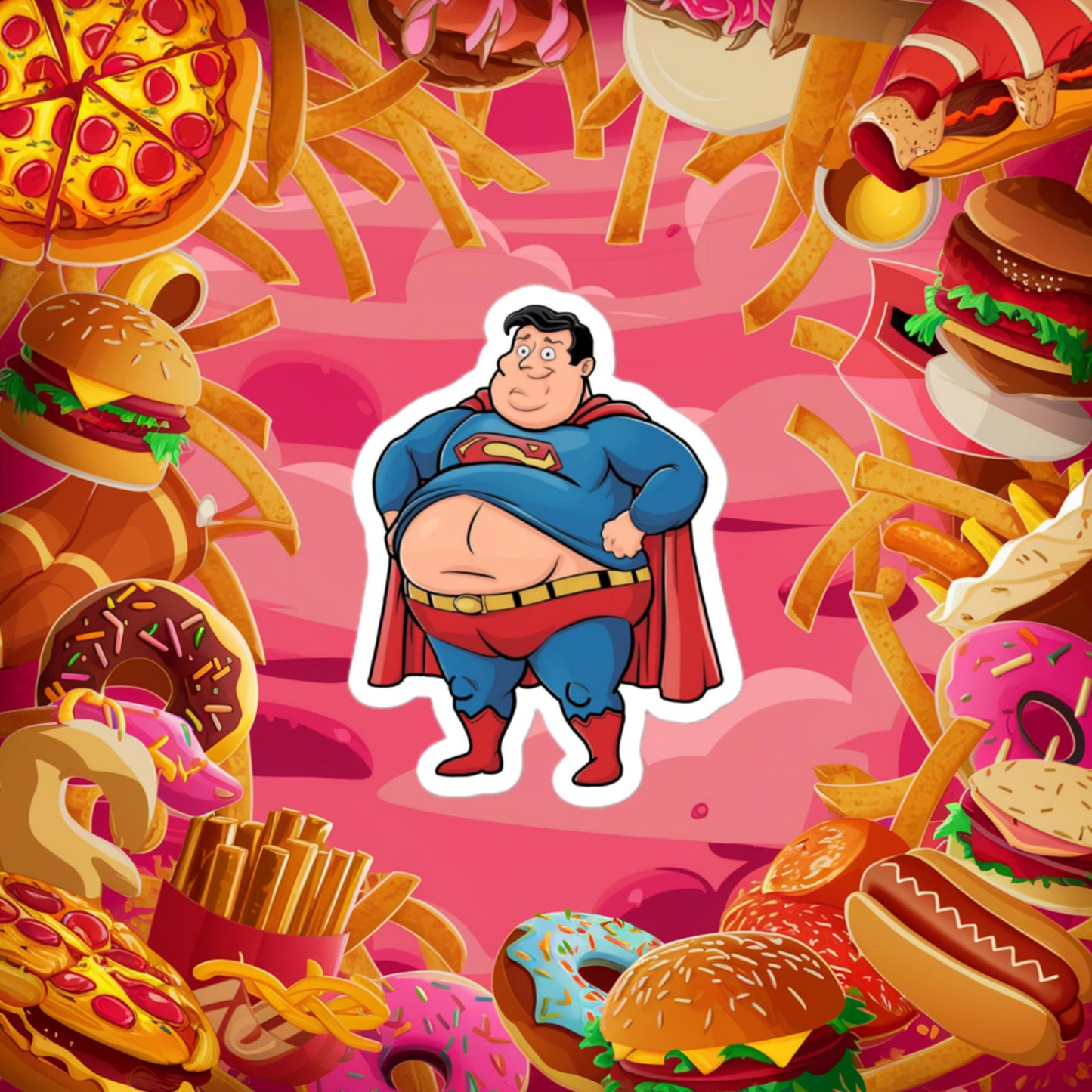 Fat Superhero Funny Inaction Hero Bubble-free stickers 3″×3″ Stickers Movies Superheroes Superman Next Cult Brand