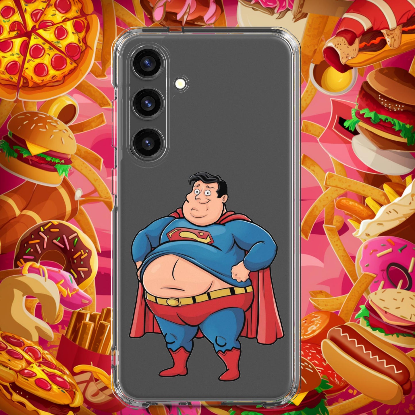 Fat Superhero Funny Inaction Hero Clear Case for Samsung Samsung Galaxy S24 Plus Mobile Phone Cases Movies Superheroes Superman Next Cult Brand