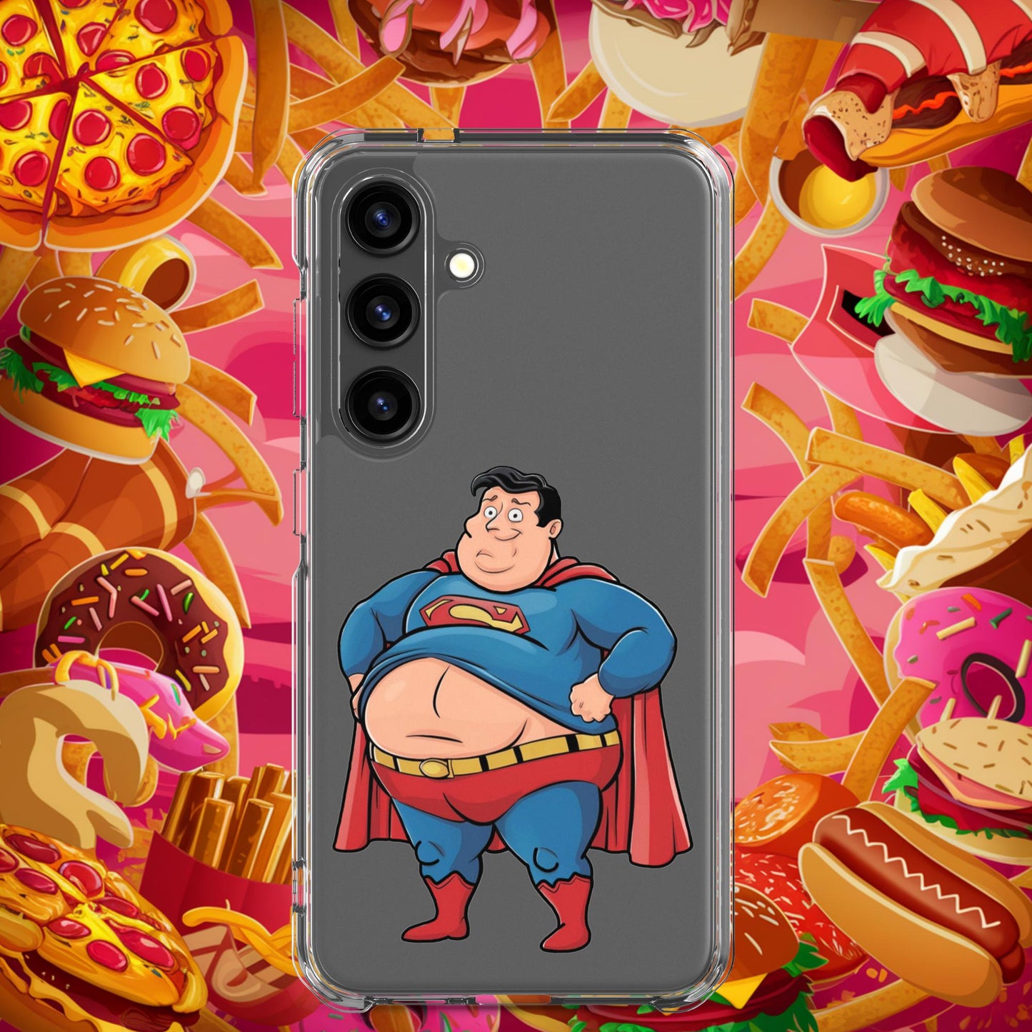 Fat Superhero Funny Inaction Hero Clear Case for Samsung Samsung Galaxy S24 Mobile Phone Cases Movies Superheroes Superman Next Cult Brand