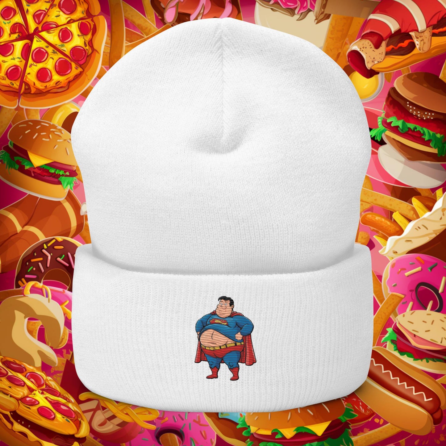 Fat Superhero Funny Inaction Hero Cuffed Beanie White Hats Justice League Movies Superheroes Superman Next Cult Brand