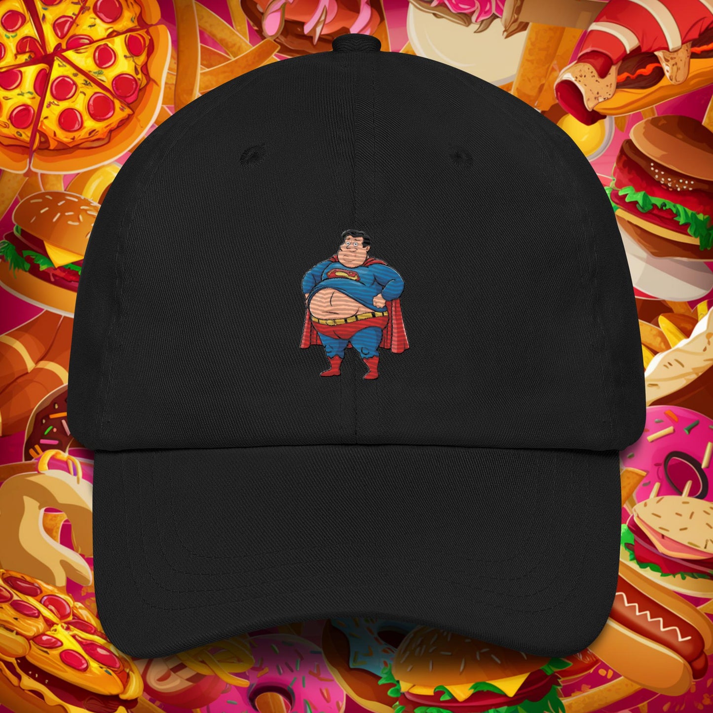 Fat Superhero Funny Inaction Hero Dad hat Black Hats Justice League Movies Superheroes Superman Next Cult Brand