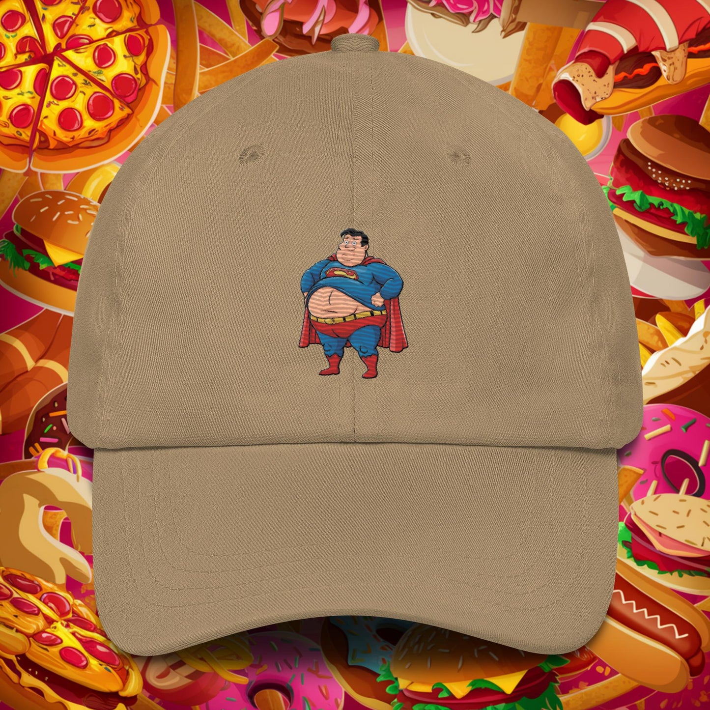 Fat Superhero Funny Inaction Hero Dad hat Khaki Hats Justice League Movies Superheroes Superman Next Cult Brand