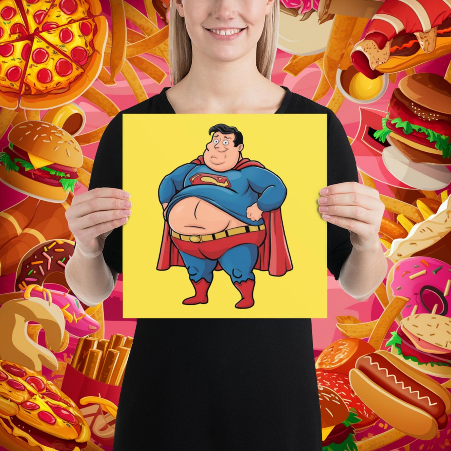 Fat Superhero Funny Inaction Hero Poster 12″×12″ Posters Movies Superheroes Superman Next Cult Brand