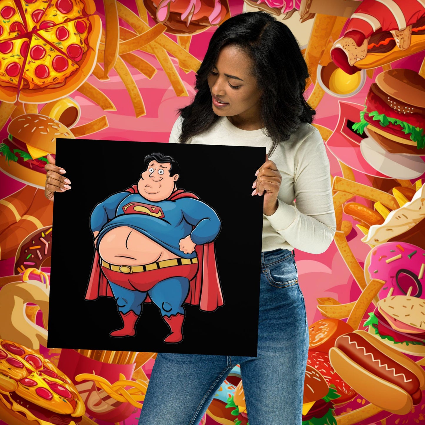 Fat Superhero Funny Inaction Hero Poster 16″×16″ Posters Movies Superheroes Superman Next Cult Brand
