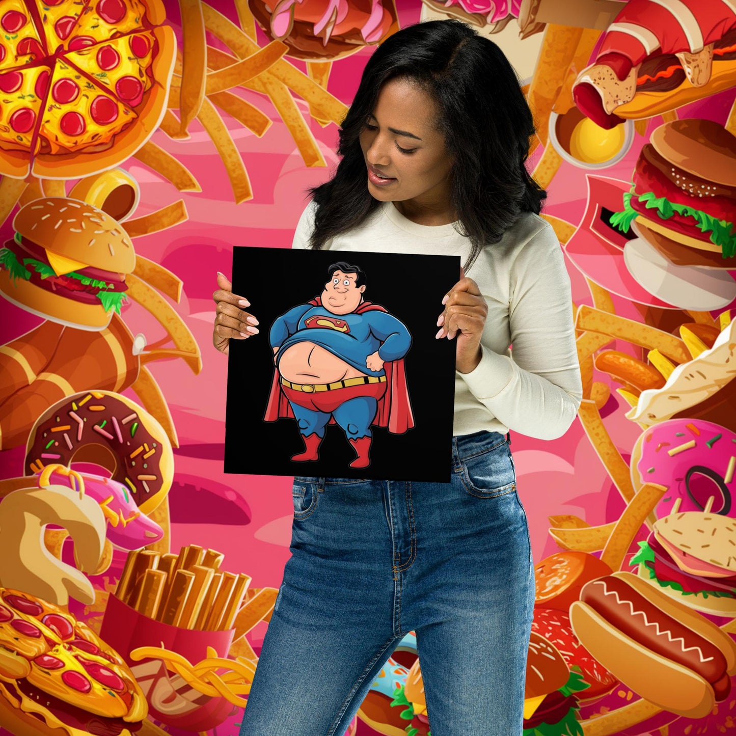Fat Superhero Funny Inaction Hero Poster 10″×10″ Posters Movies Superheroes Superman Next Cult Brand