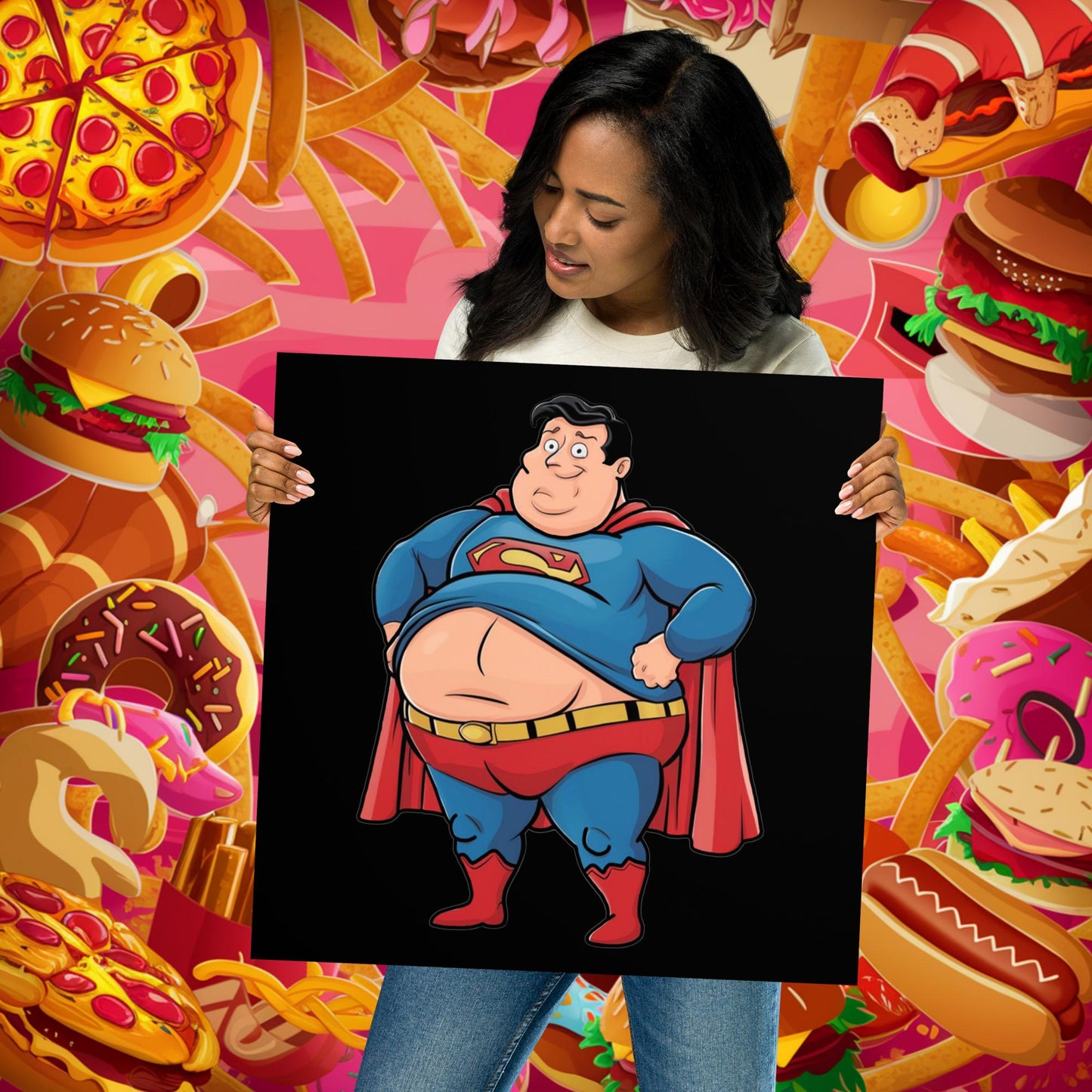 Fat Superhero Funny Inaction Hero Poster 18″×18″ Posters Movies Superheroes Superman Next Cult Brand