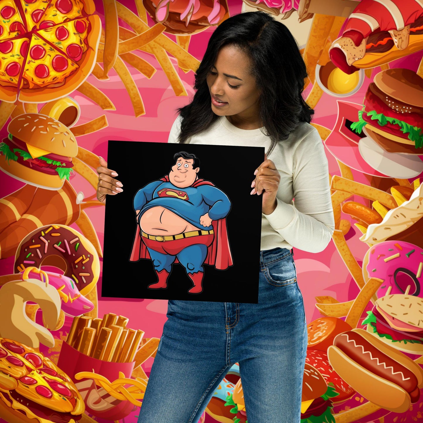Fat Superhero Funny Inaction Hero Poster 12″×12″ Posters Movies Superheroes Superman Next Cult Brand