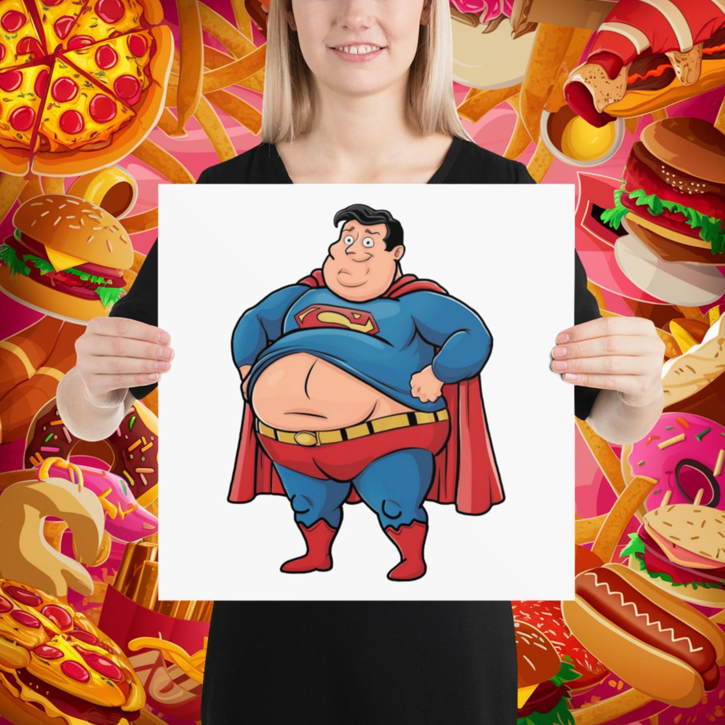 Fat Superhero Funny Inaction Hero Poster 16″×16″ Posters Movies Superheroes Superman Next Cult Brand
