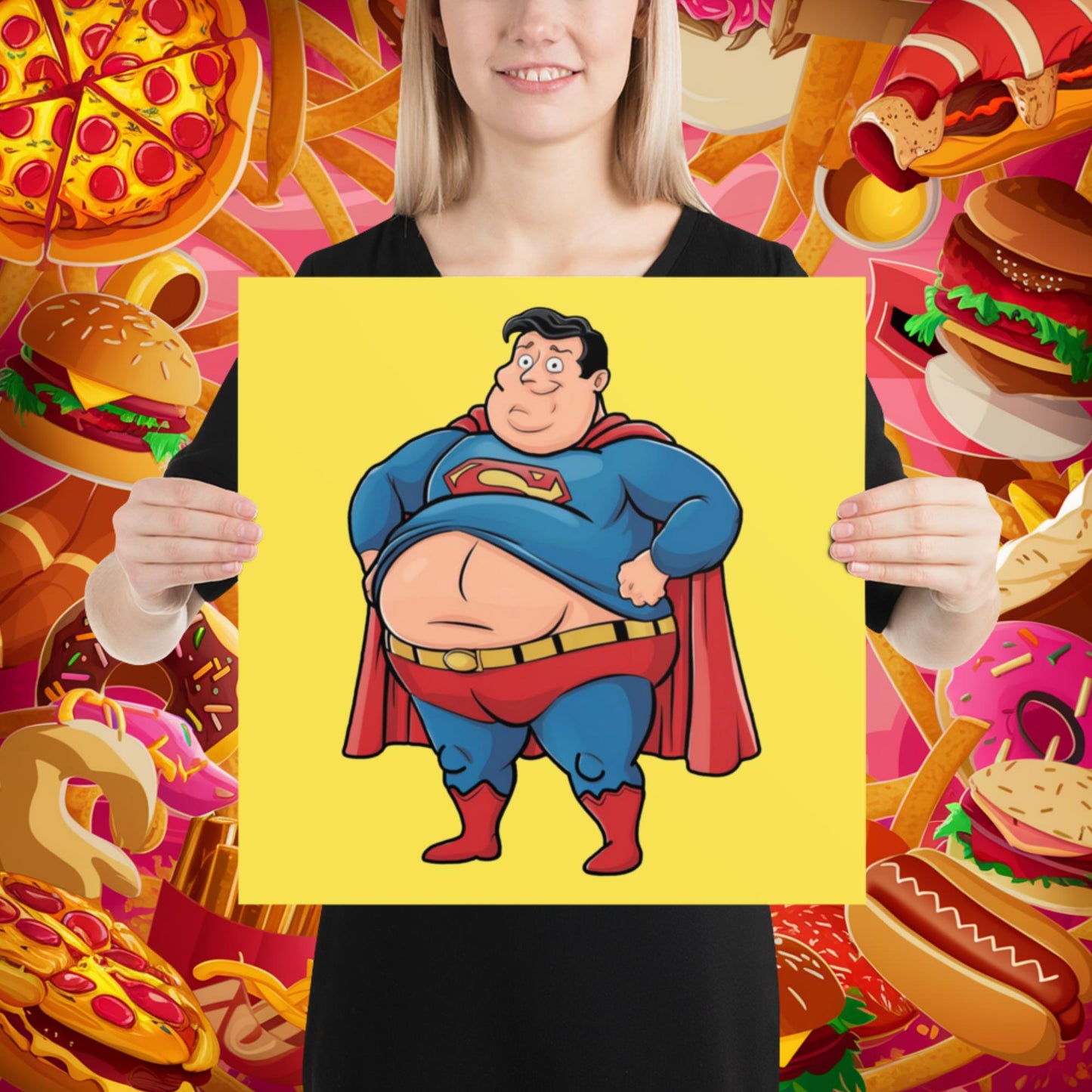 Fat Superhero Funny Inaction Hero Poster 16″×16″ Posters Movies Superheroes Superman Next Cult Brand