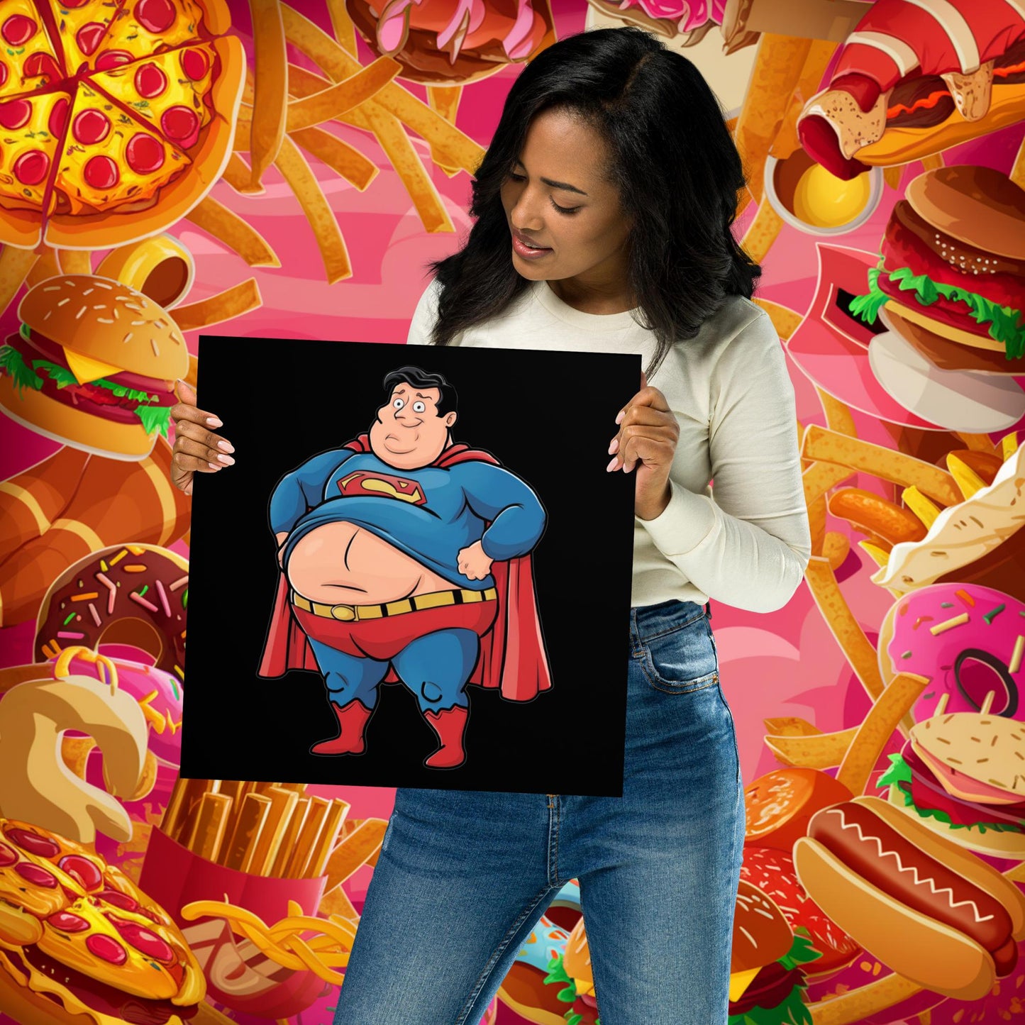 Fat Superhero Funny Inaction Hero Poster 14″×14″ Posters Movies Superheroes Superman Next Cult Brand