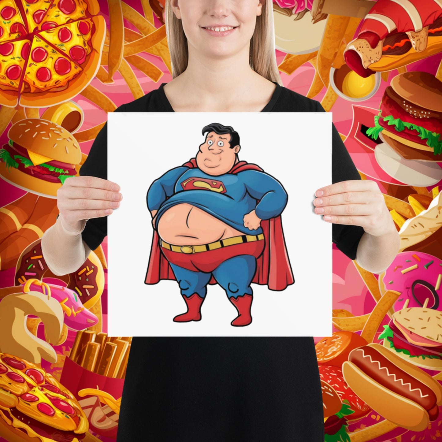Fat Superhero Funny Inaction Hero Poster 14″×14″ Posters Movies Superheroes Superman Next Cult Brand
