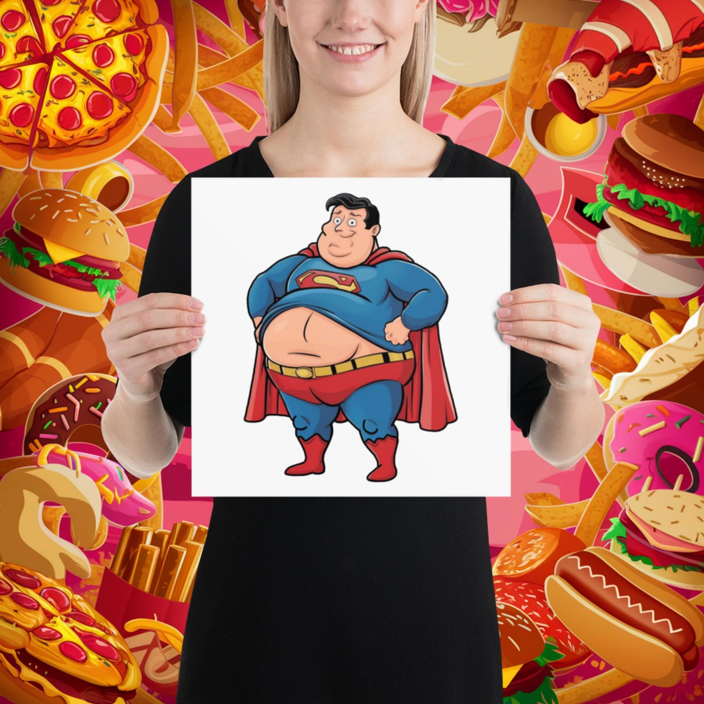 Fat Superhero Funny Inaction Hero Poster 12″×12″ Posters Movies Superheroes Superman Next Cult Brand