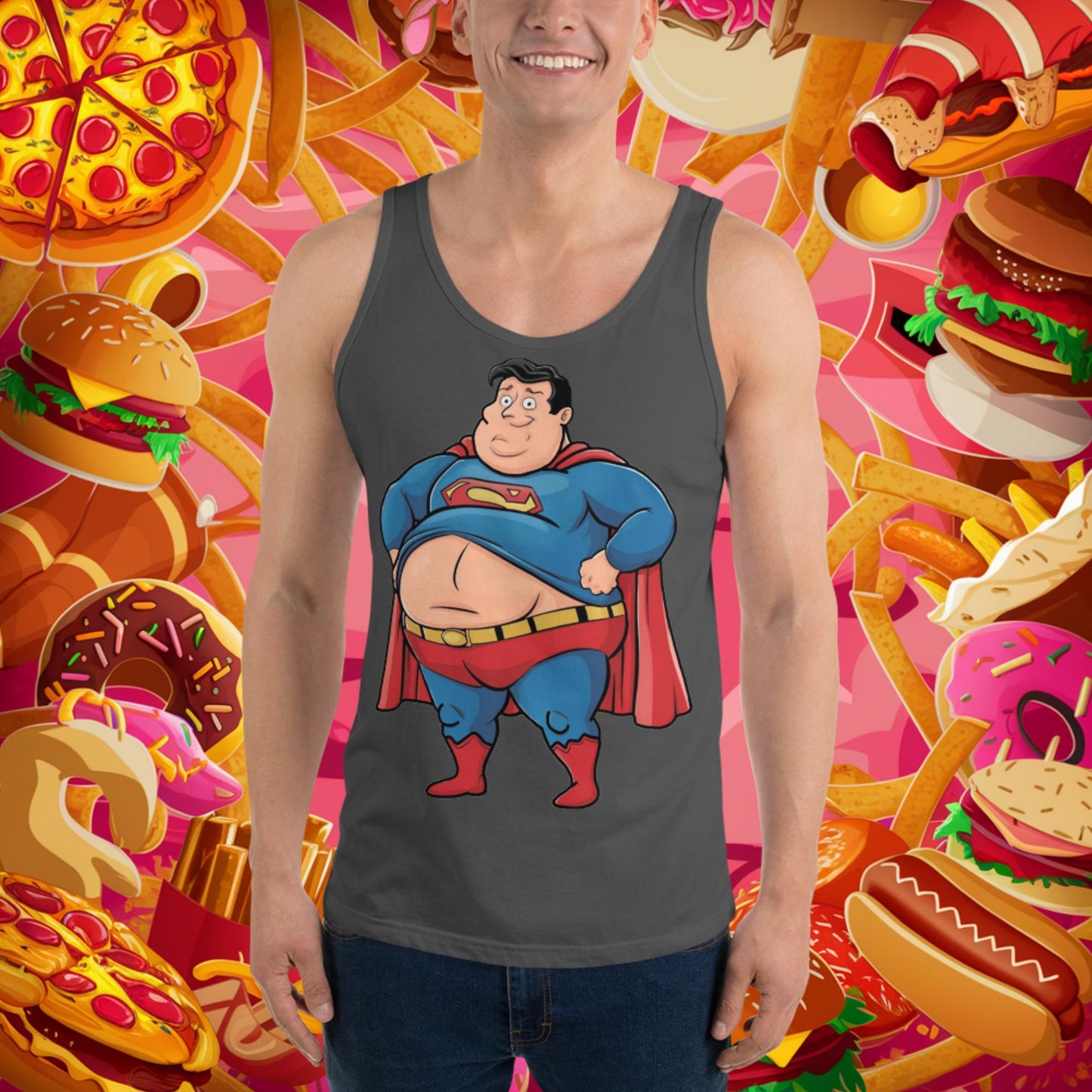 Fat Superhero Funny Inaction Hero Tank Top Asphalt Tank Tops Justice League Movies Superheroes Superman Next Cult Brand