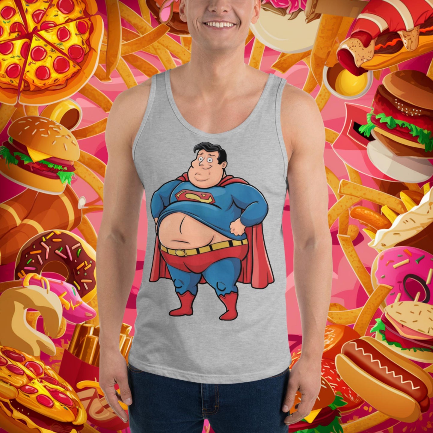 Fat Superhero Funny Inaction Hero Tank Top Athletic Heather Tank Tops Movies Superheroes Superman Next Cult Brand