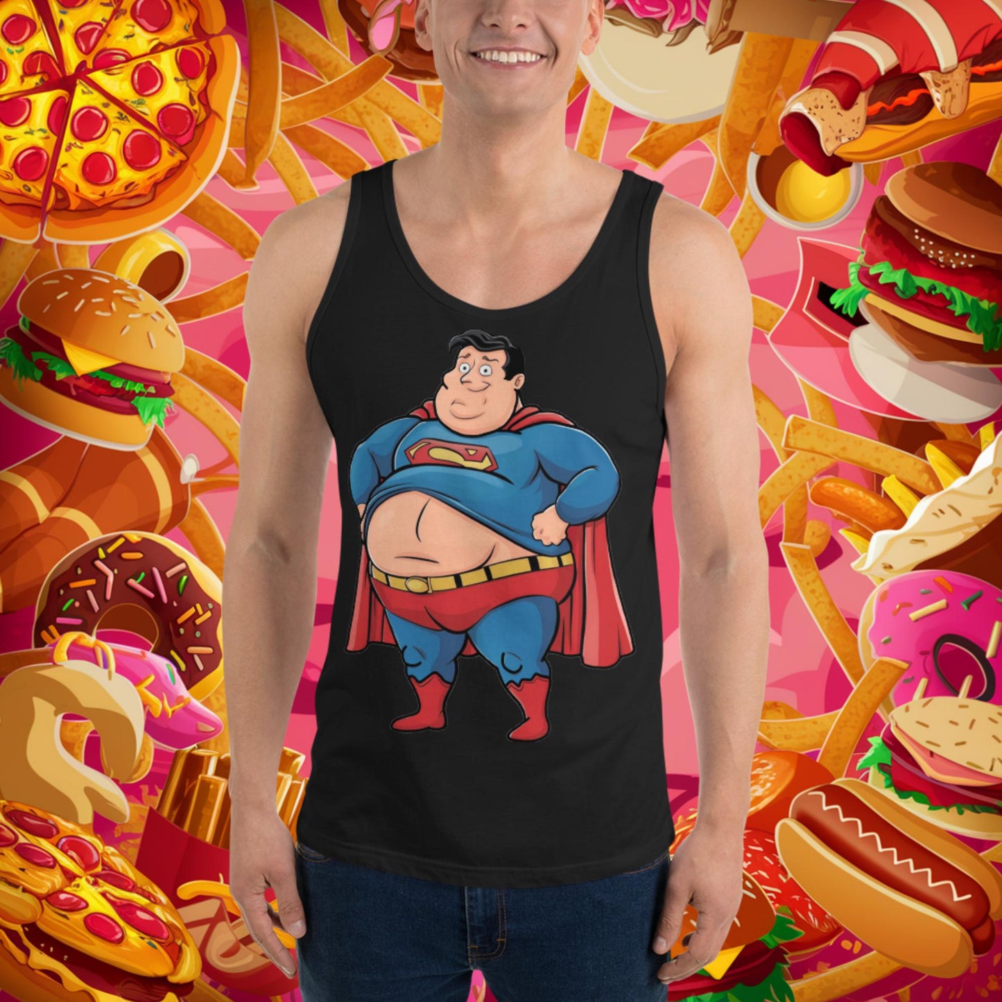 Fat Superhero Funny Inaction Hero Tank Top Black Tank Tops Movies Superheroes Superman Next Cult Brand