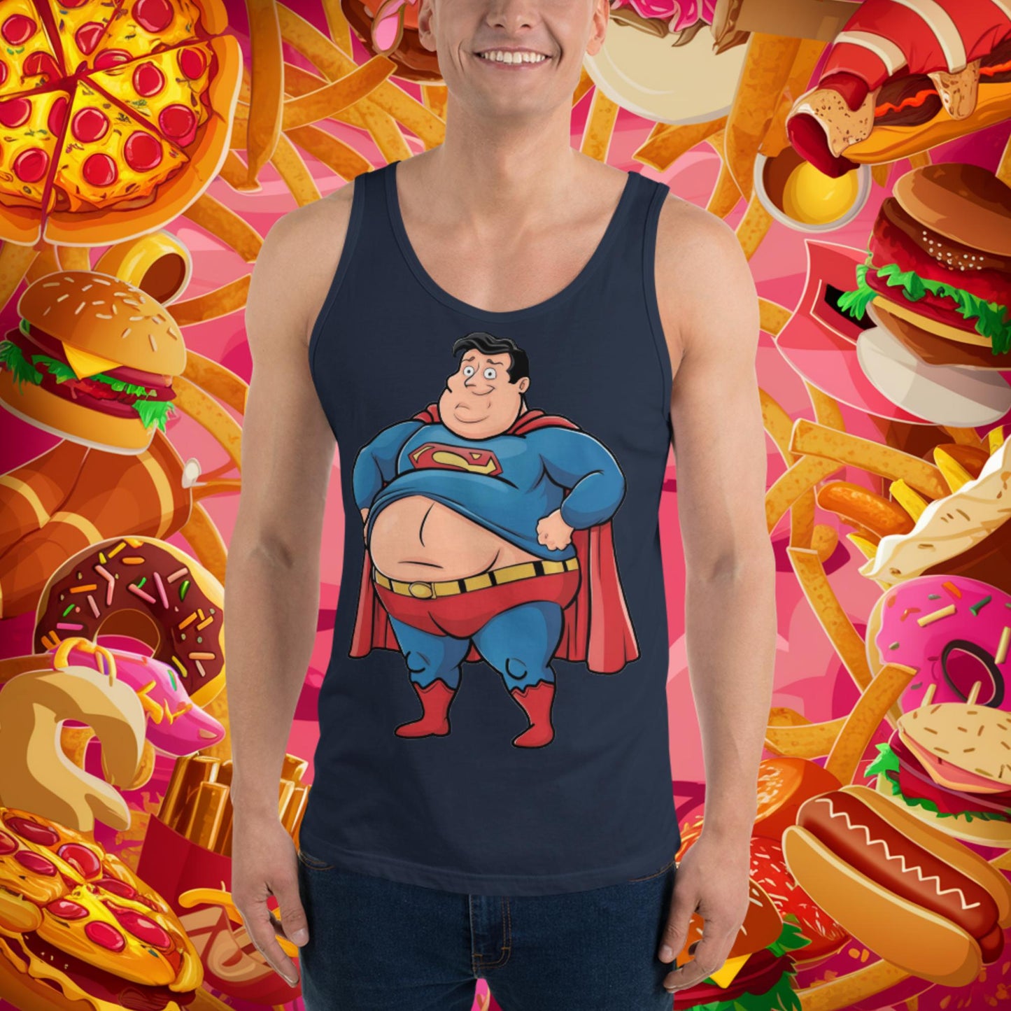 Fat Superhero Funny Inaction Hero Tank Top Navy Tank Tops Justice League Movies Superheroes Superman Next Cult Brand