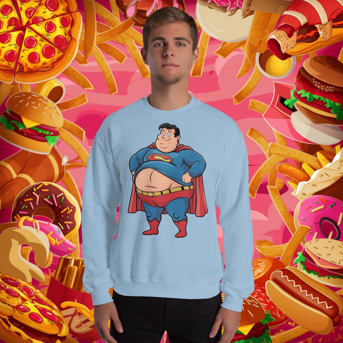 Fat Superhero Funny Inaction Hero Unisex Sweatshirt Light Blue Sweatshirts Justice League Movies Superheroes Superman Next Cult Brand