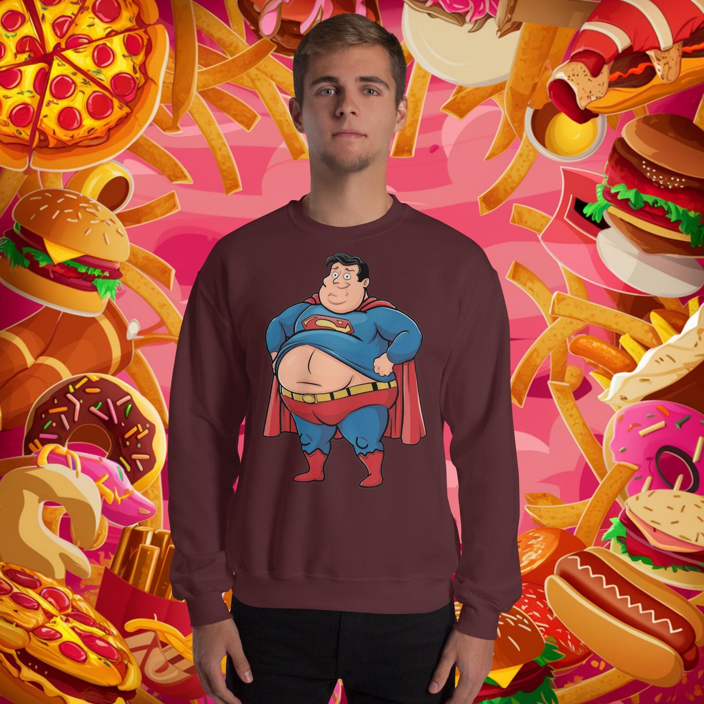 Fat Superhero Funny Inaction Hero Unisex Sweatshirt Maroon Sweatshirts Justice League Movies Superheroes Superman Next Cult Brand