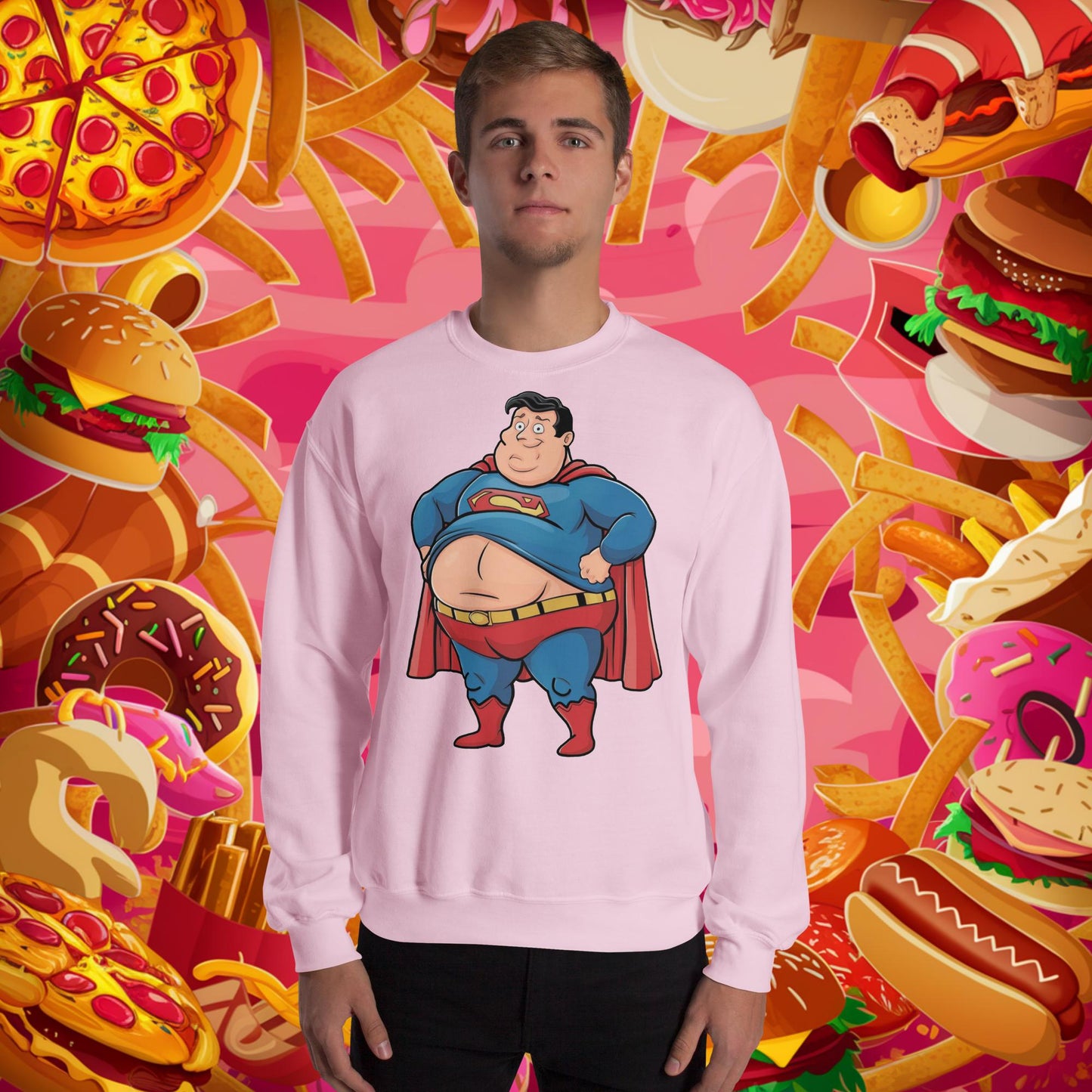Fat Superhero Funny Inaction Hero Unisex Sweatshirt Light Pink Sweatshirts Justice League Movies Superheroes Superman Next Cult Brand