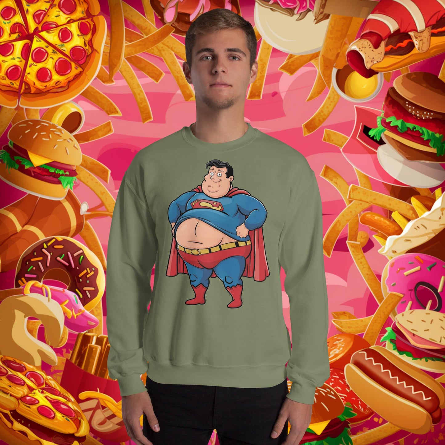 Fat Superhero Funny Inaction Hero Unisex Sweatshirt Military Green Sweatshirts Justice League Movies Superheroes Superman Next Cult Brand