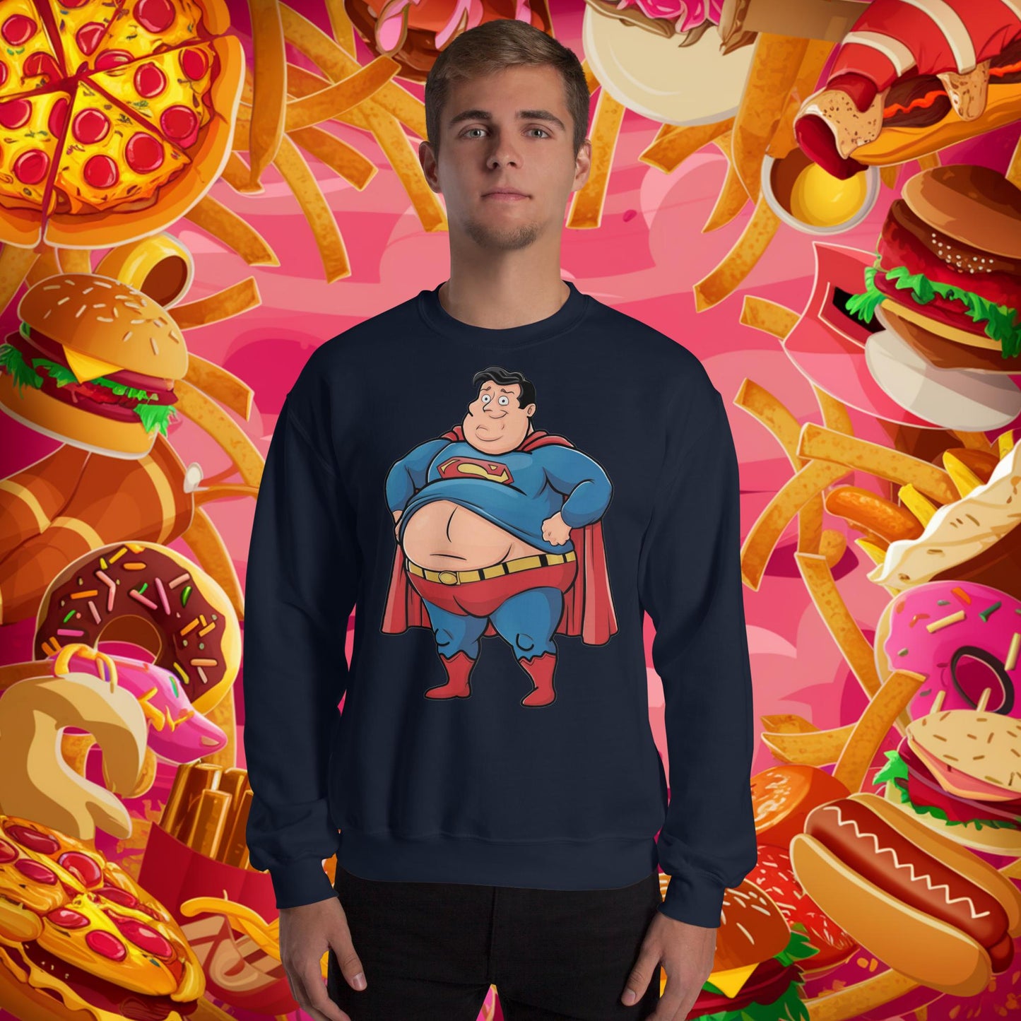 Fat Superhero Funny Inaction Hero Unisex Sweatshirt Navy Sweatshirts Justice League Movies Superheroes Superman Next Cult Brand