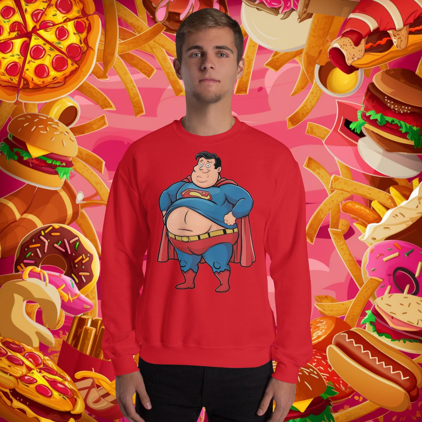 Fat Superhero Funny Inaction Hero Unisex Sweatshirt Red Sweatshirts Justice League Movies Superheroes Superman Next Cult Brand