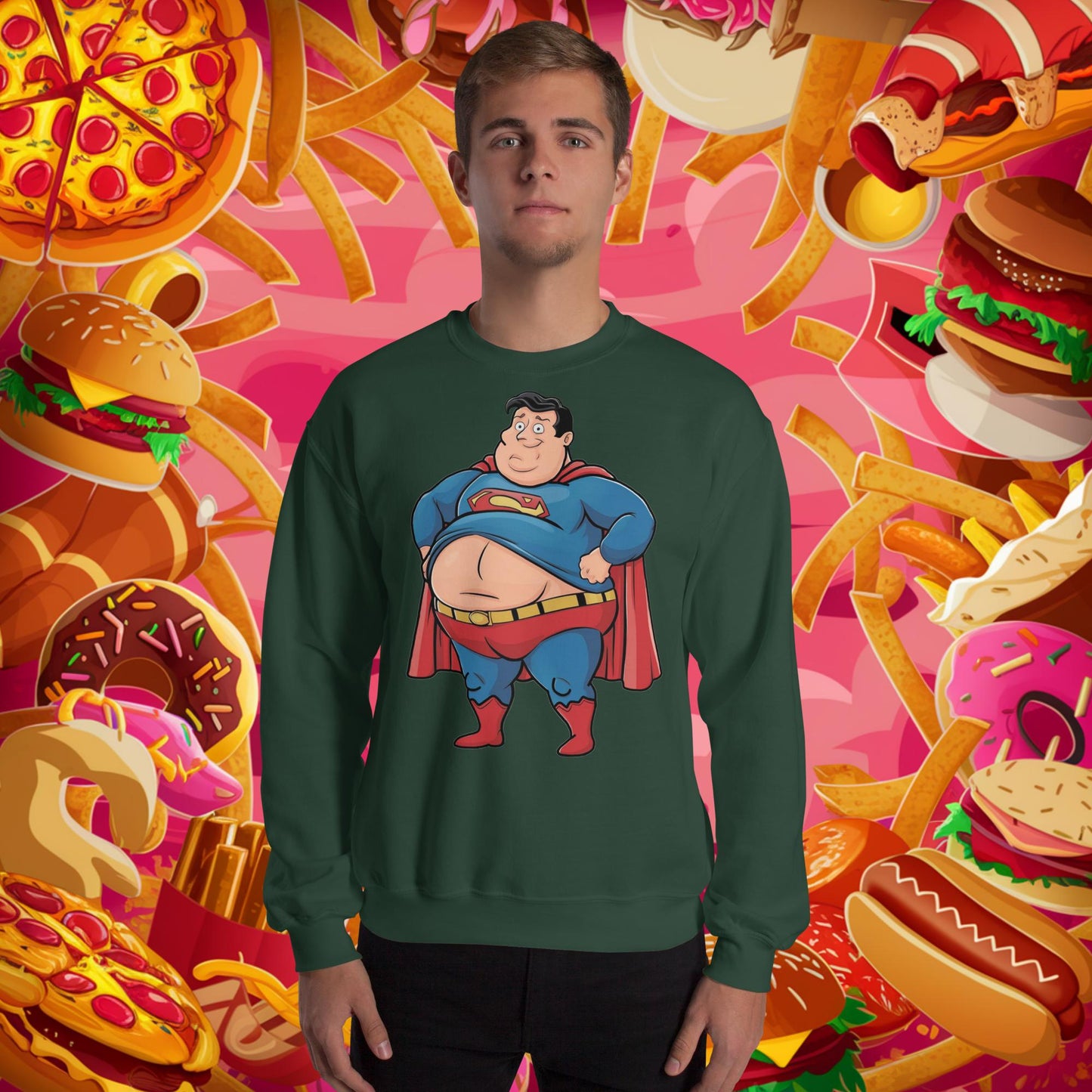 Fat Superhero Funny Inaction Hero Unisex Sweatshirt Forest Green Sweatshirts Justice League Movies Superheroes Superman Next Cult Brand
