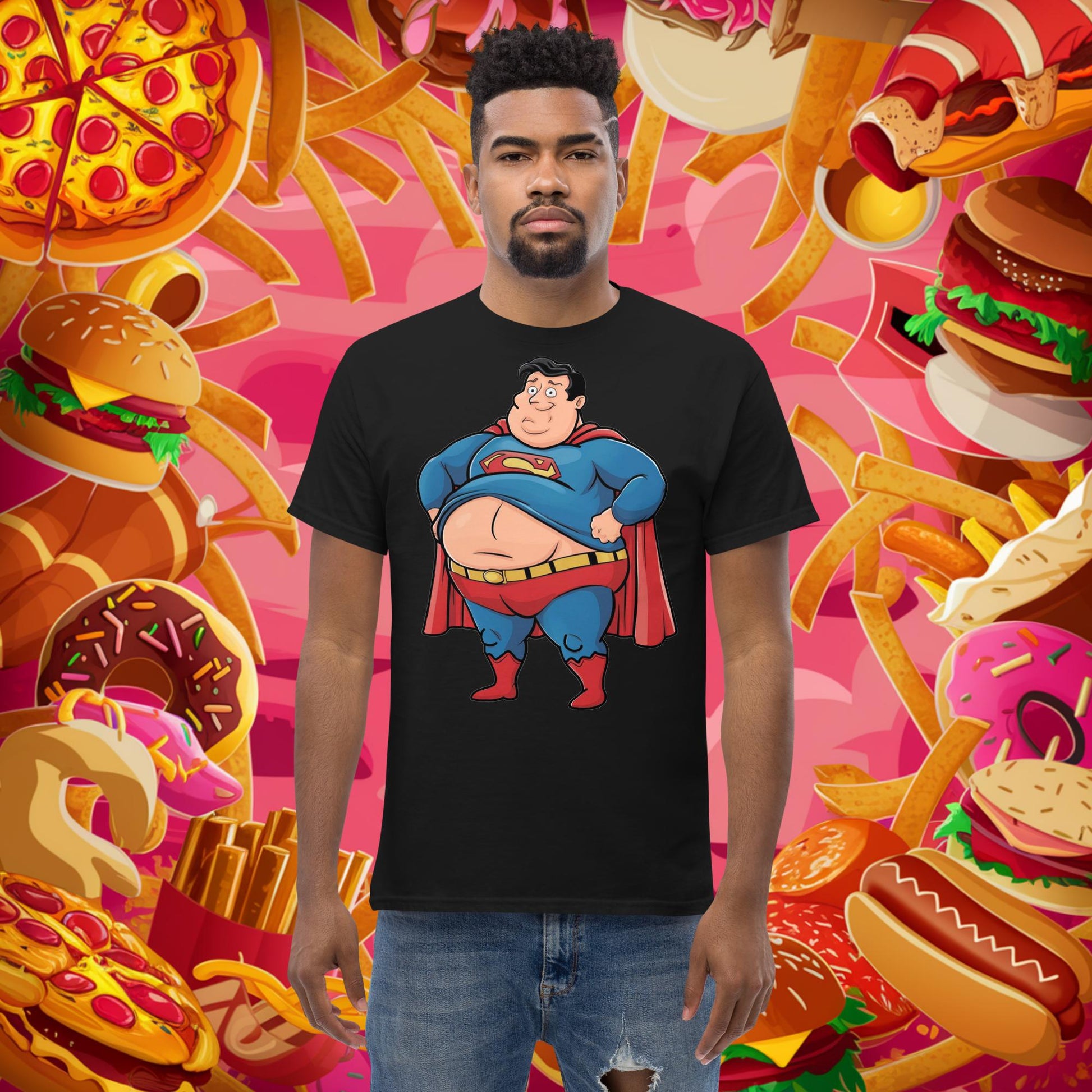 Fat Superhero Funny Inaction Hero Unisex tee Black T-shirts Films Fitness Gym Justice League Movies Pump Cover Superheroes Superman Workout Next Cult Brand