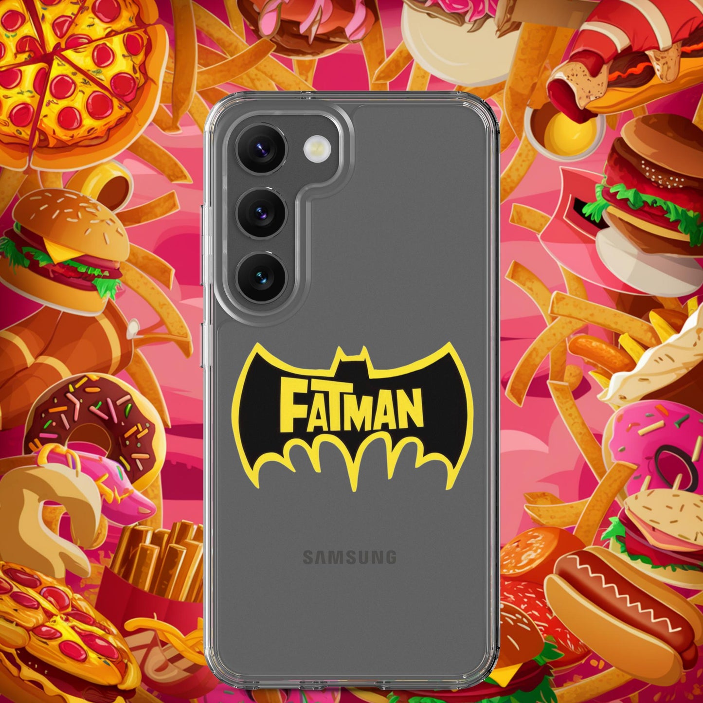 FatMan Funny Fat Superhero Clear Case for Samsung Samsung Galaxy S23 Mobile Phone Cases Batman Movies Superheroes Next Cult Brand