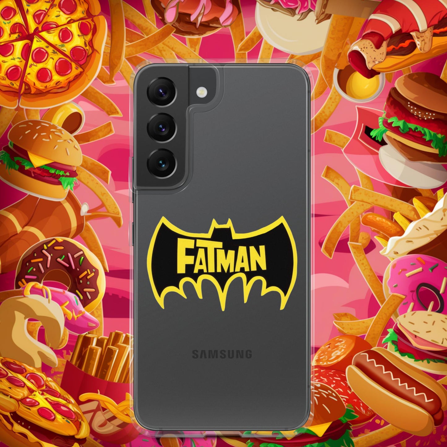 FatMan Funny Fat Superhero Clear Case for Samsung Samsung Galaxy S22 Mobile Phone Cases Batman Movies Superheroes Next Cult Brand