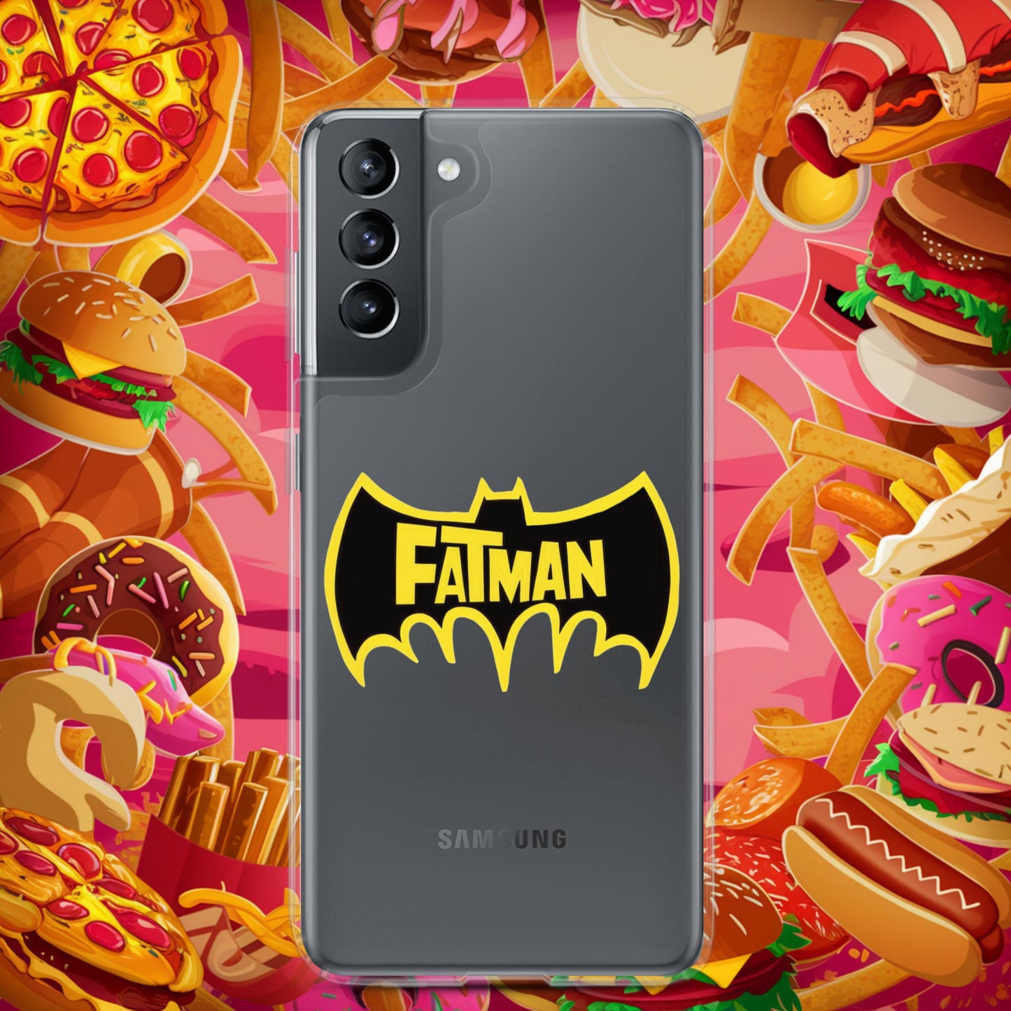 FatMan Funny Fat Superhero Clear Case for Samsung Samsung Galaxy S21 Mobile Phone Cases Batman Movies Superheroes Next Cult Brand