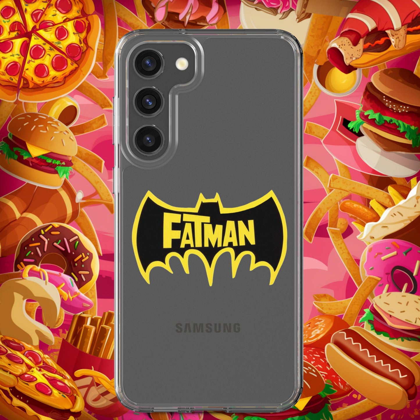 FatMan Funny Fat Superhero Clear Case for Samsung Samsung Galaxy S23 Plus Mobile Phone Cases Batman Movies Superheroes Next Cult Brand
