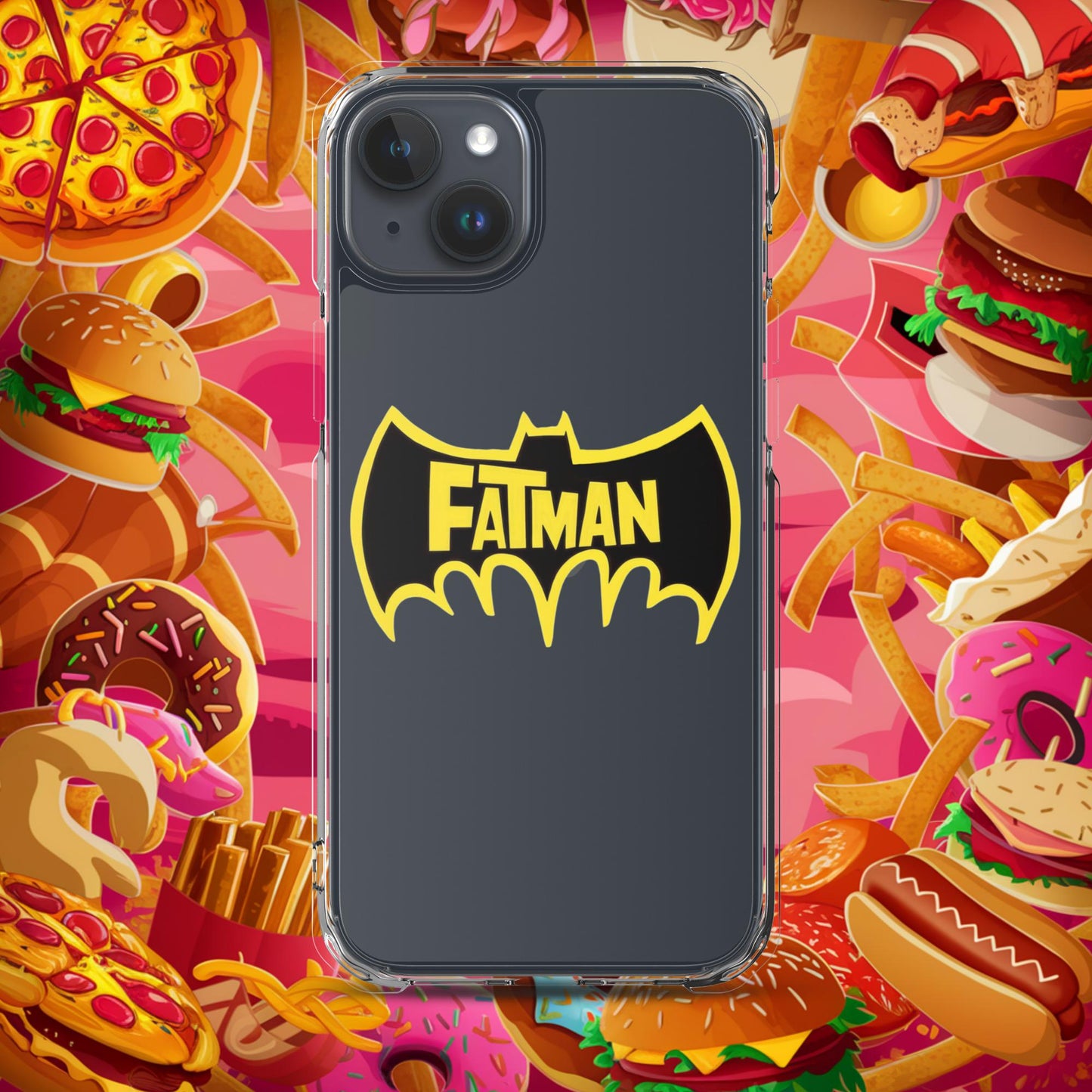FatMan Funny Fat Superhero Clear Case for iPhone iPhone 15 Plus Mobile Phone Cases Batman Movies Superheroes Next Cult Brand