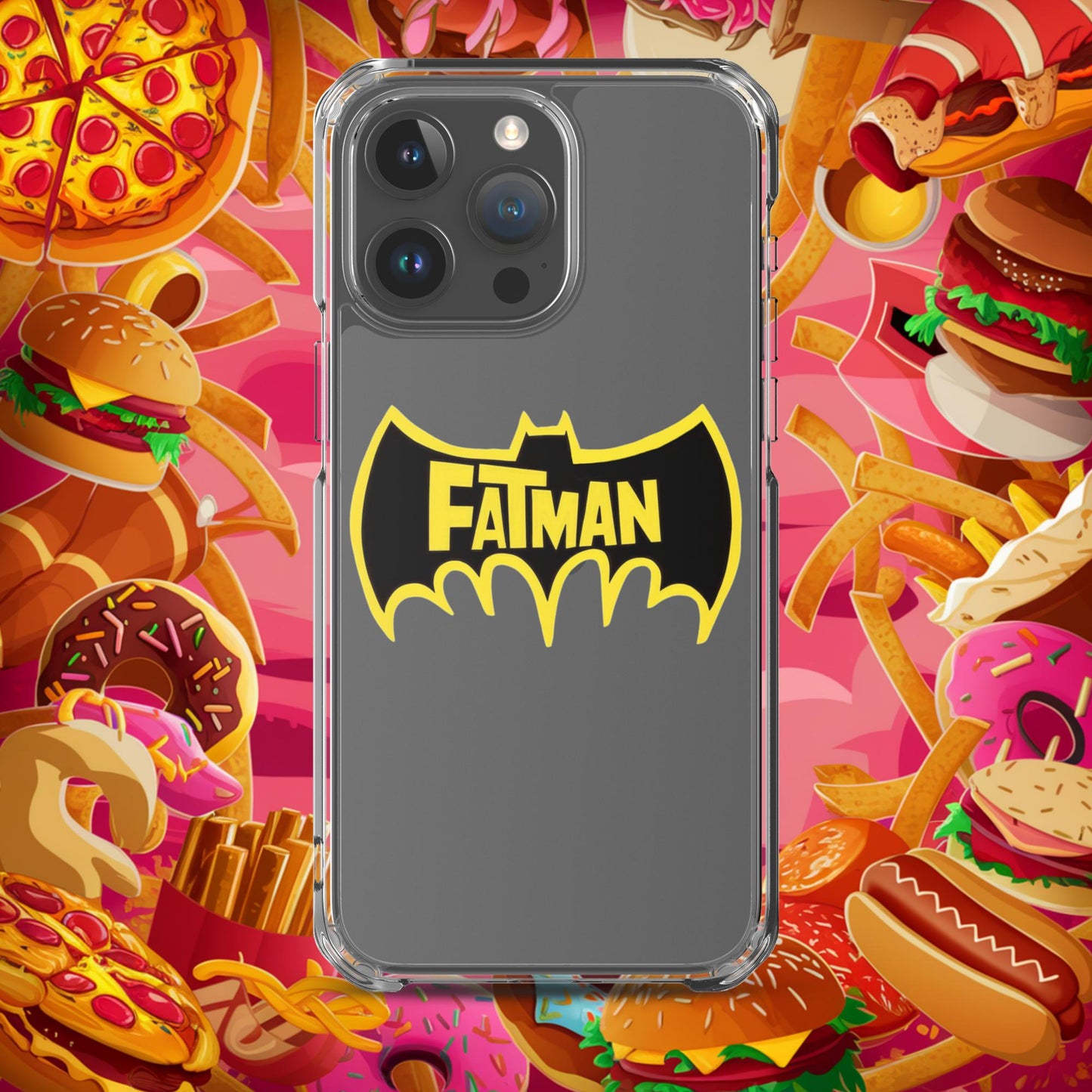 FatMan Funny Fat Superhero Clear Case for iPhone iPhone 15 Pro Max Mobile Phone Cases Batman Movies Superheroes Next Cult Brand