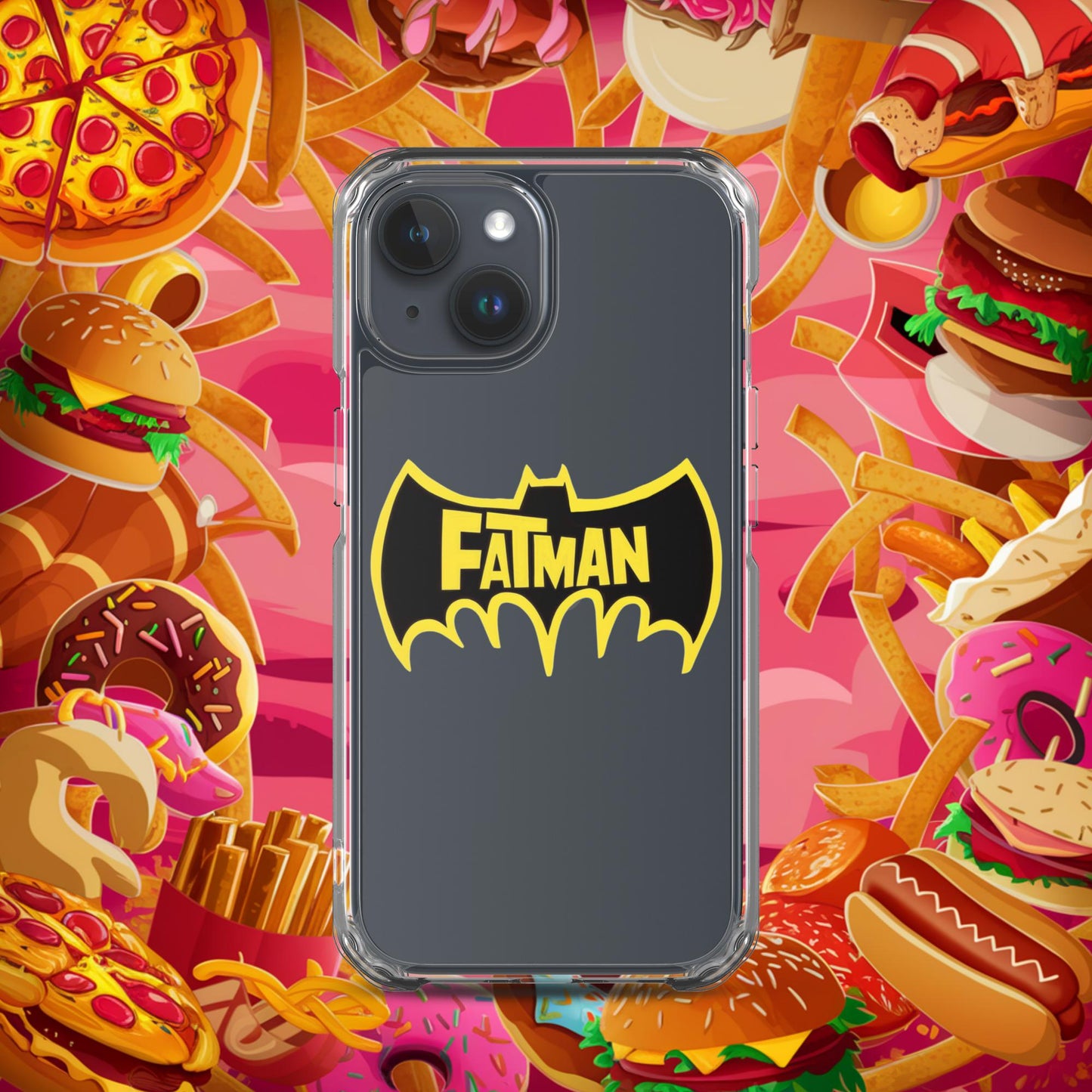 FatMan Funny Fat Superhero Clear Case for iPhone iPhone 15 Mobile Phone Cases Batman Movies Superheroes Next Cult Brand