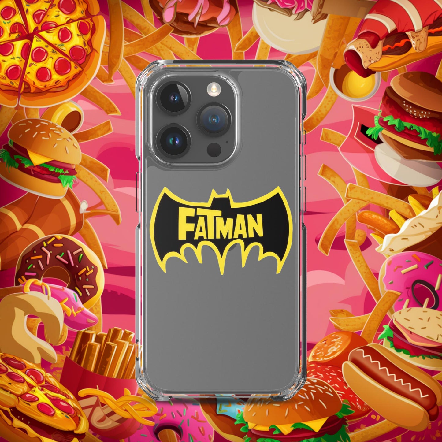 FatMan Funny Fat Superhero Clear Case for iPhone iPhone 15 Pro Mobile Phone Cases Batman Movies Superheroes Next Cult Brand