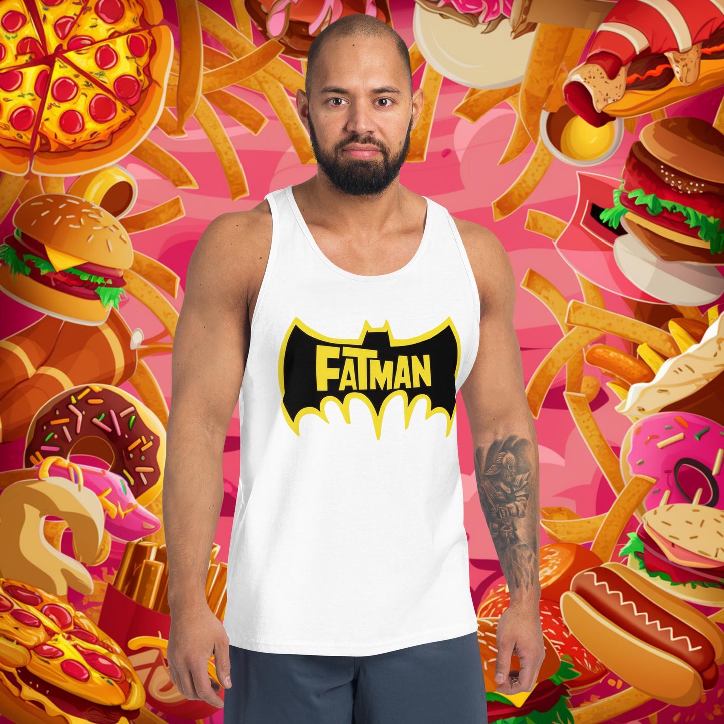FatMan Funny Fat Superhero Tank Top White Tank Tops Batman Movies Superheroes Next Cult Brand