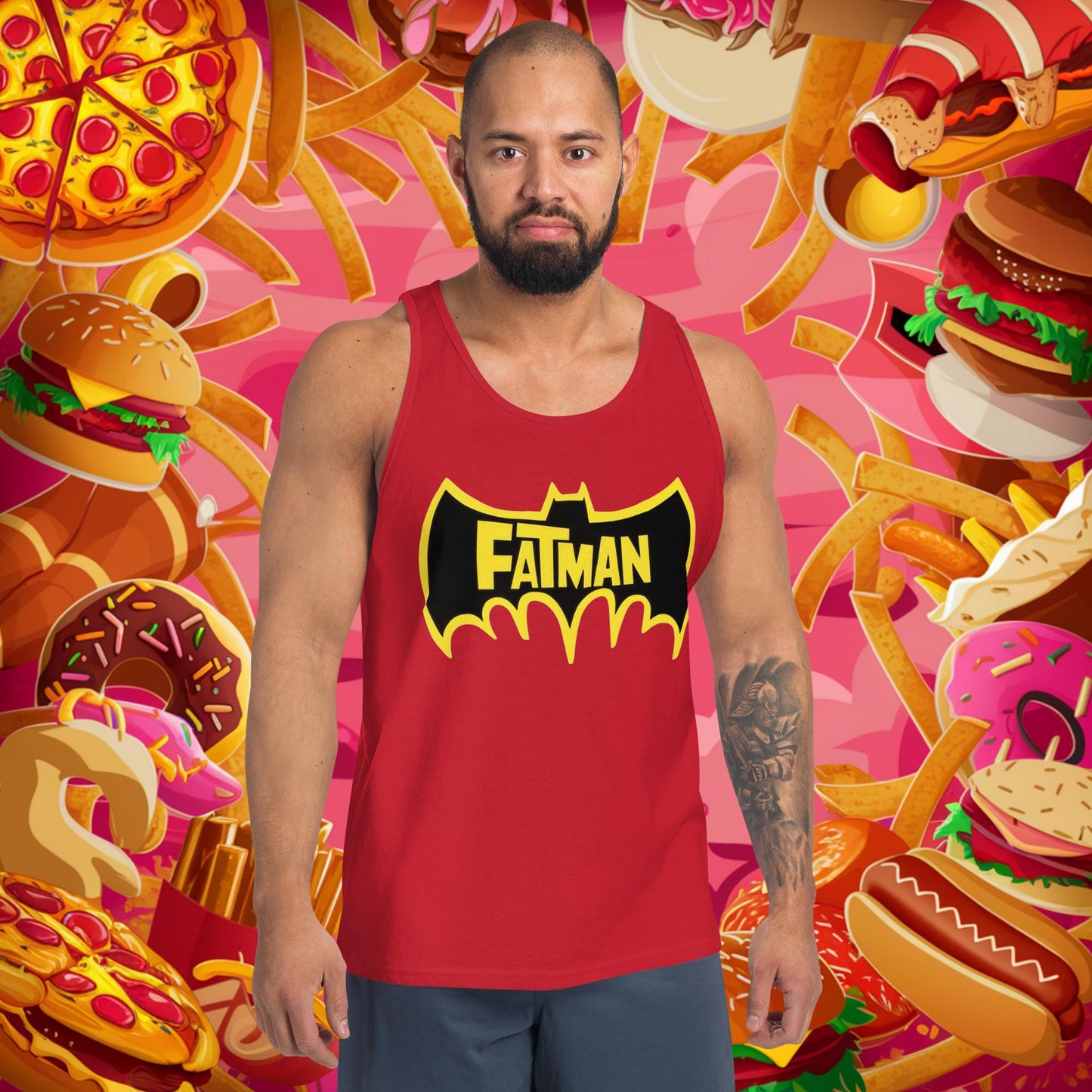FatMan Funny Fat Superhero Tank Top Red Tank Tops Batman Movies Superheroes Next Cult Brand